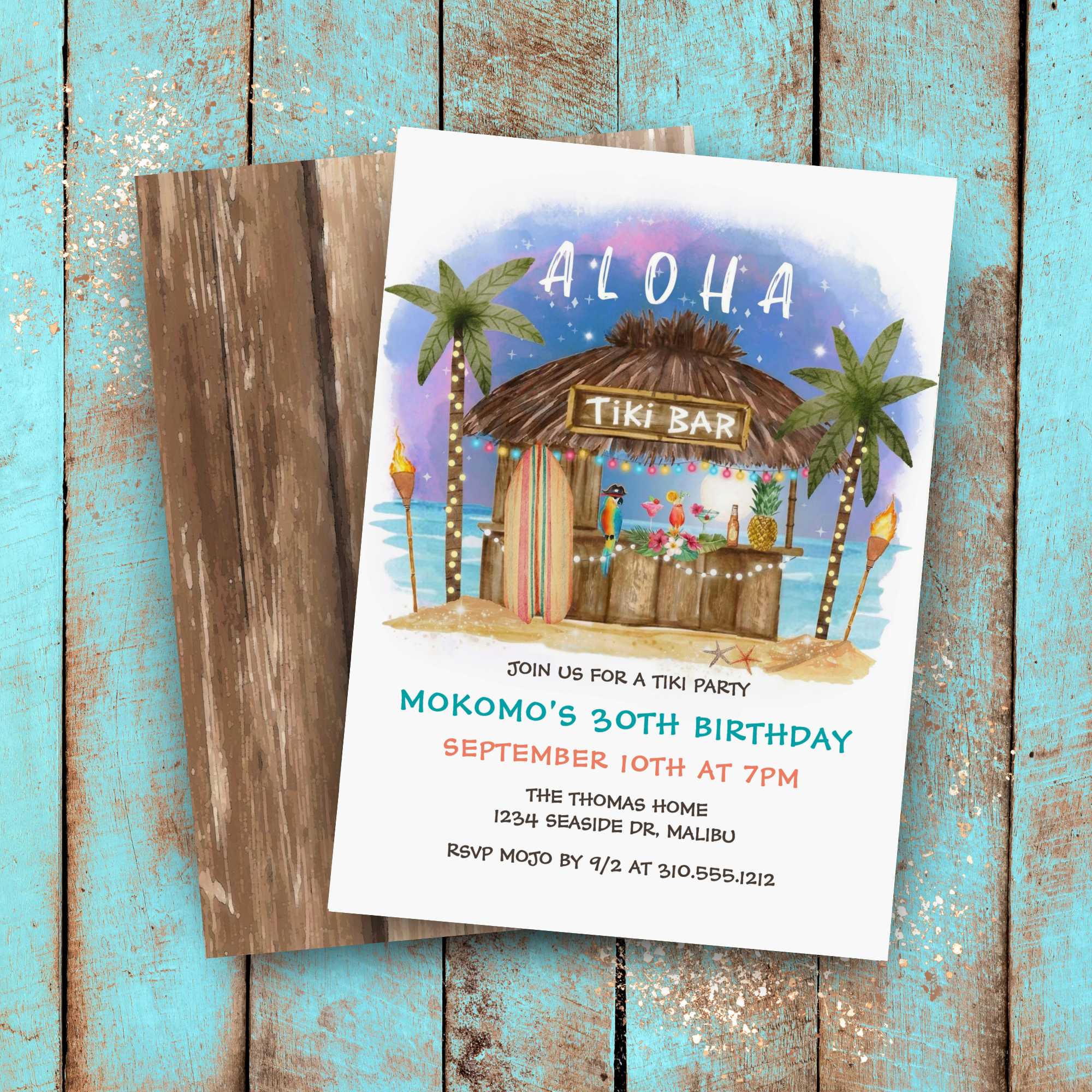 Tiki party birthday invitation featuring a watercolor tiki bar on a tropical beach with an ocean background, palm trees, cocktail and tiki torches.
