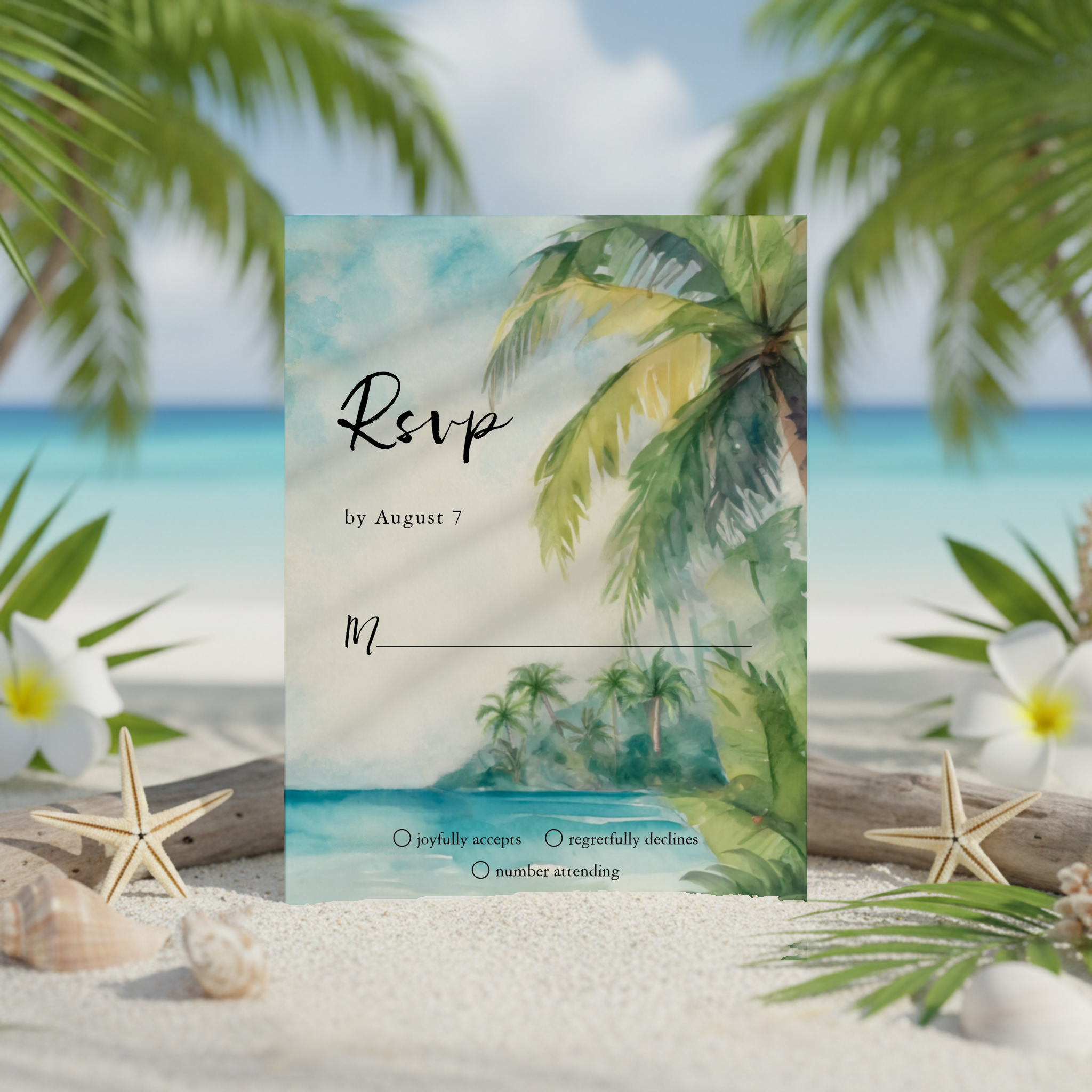 A coordinating RSVP card with palm trees and tranquil turquoise waters, designed to complete your tropical destination wedding suite.