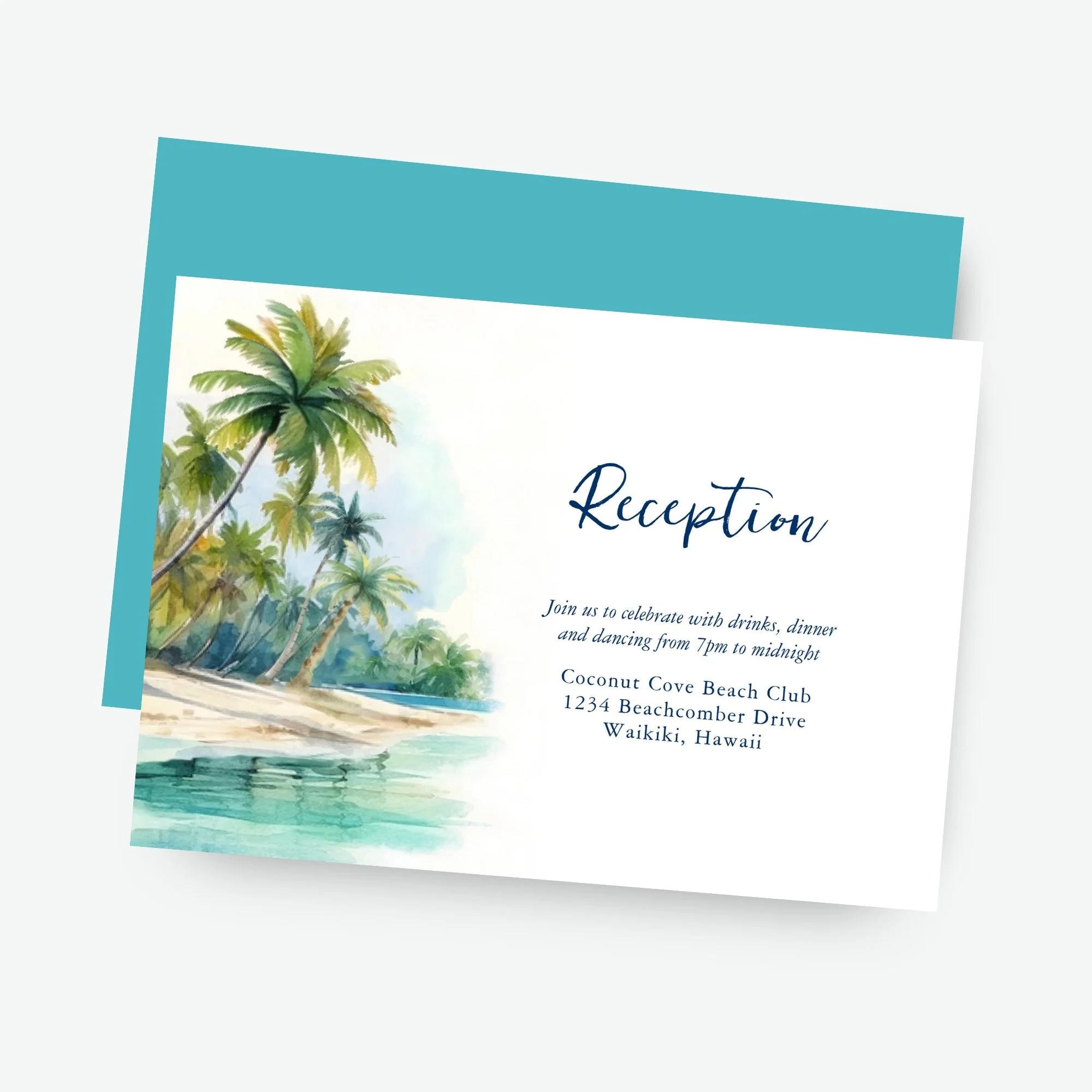 Step into a tropical paradise and inform your guests of your wedding reception details with these island inspired enclosure cards featuring watercolor beach sunset, palm trees and tranquil turquoise ocean.