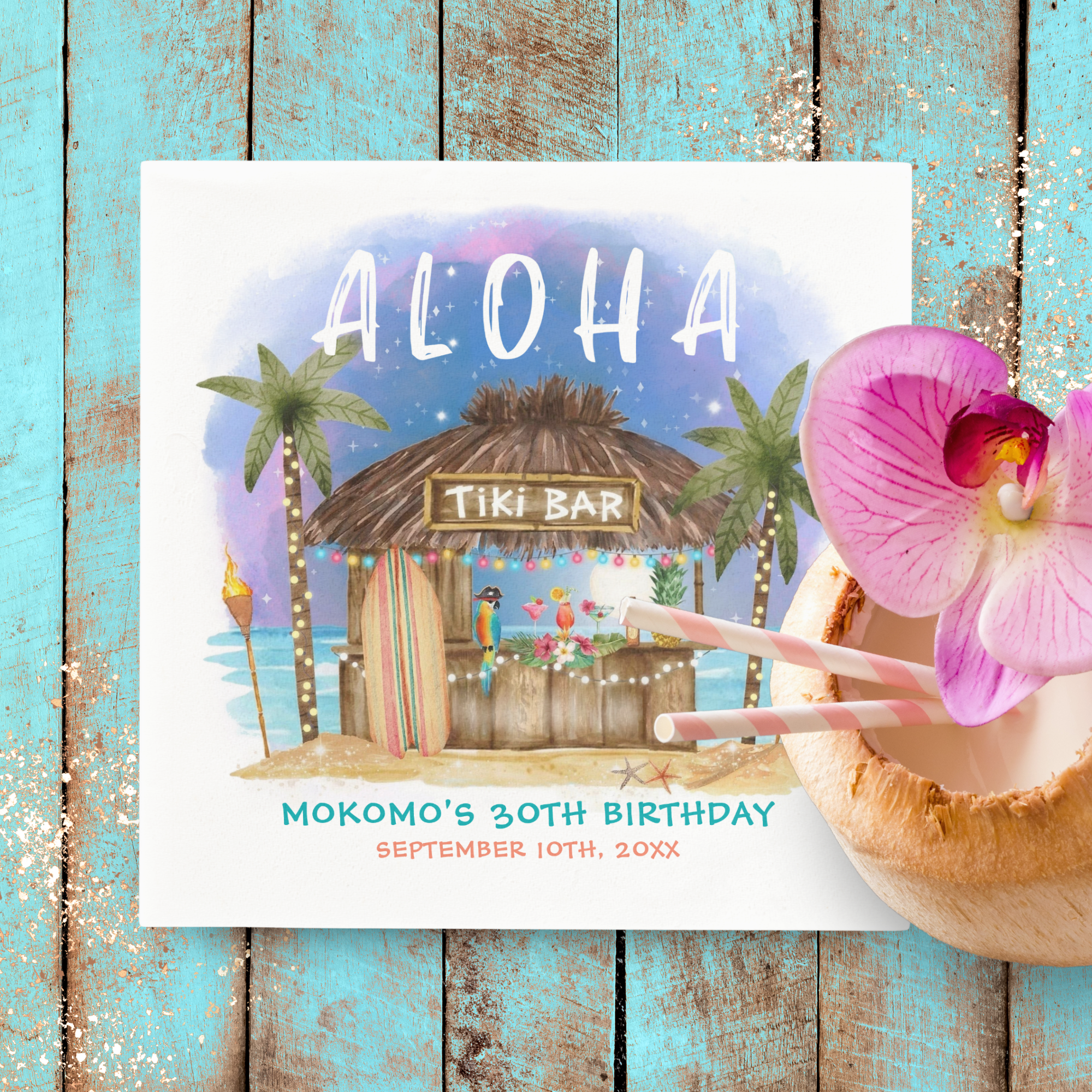 Tiki party birthday cocktail napkins featuring a tiki bar on a tropical beach with ocean waves, palm trees and moonlight
