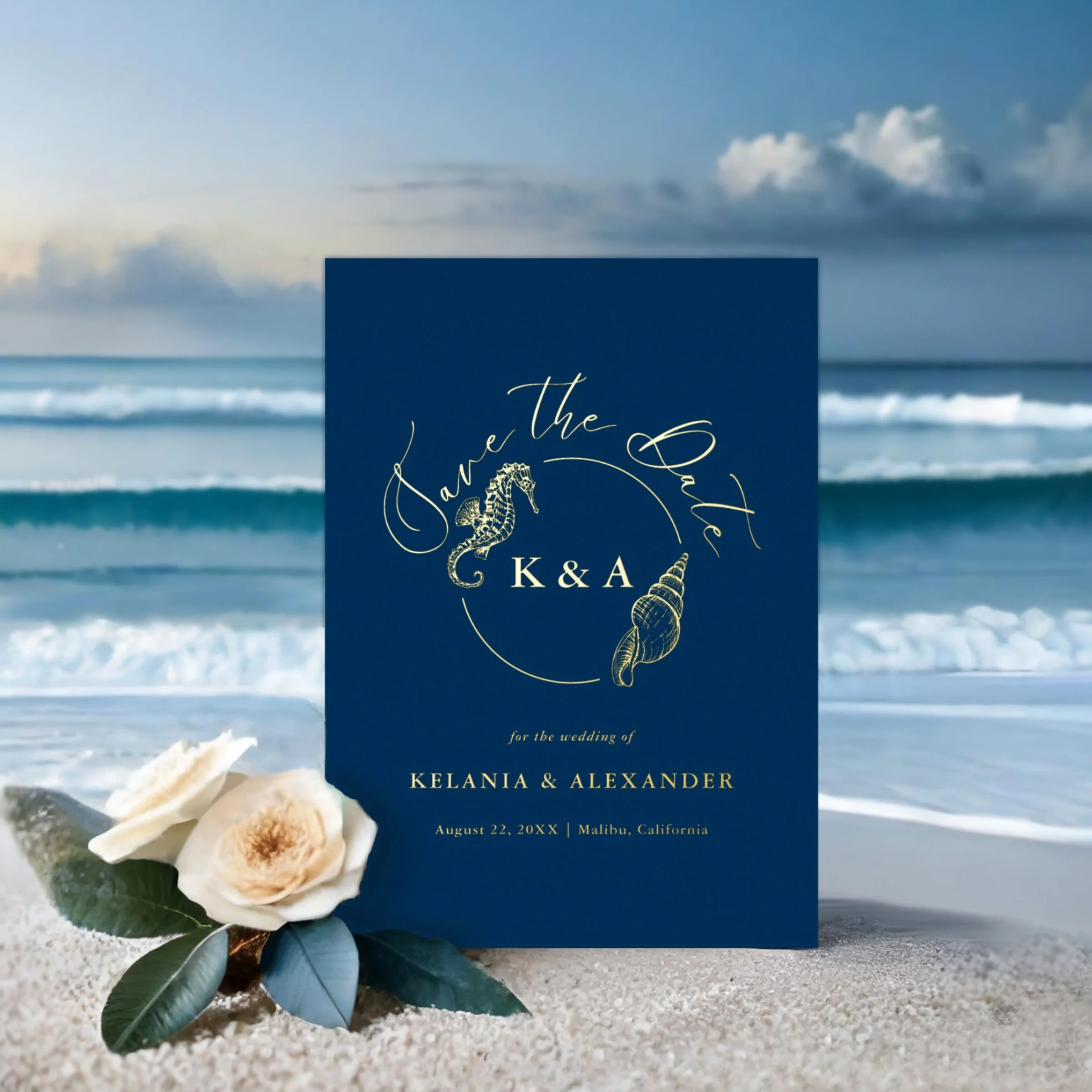 Coastal Save the Date featuring a navy background and an elegant gold seahorse and seashell couple's monogram design.
 The reverse features watercolor ocean waves that the enchanting allure of the sea. Perfect for beach and nautical wedding themes.
