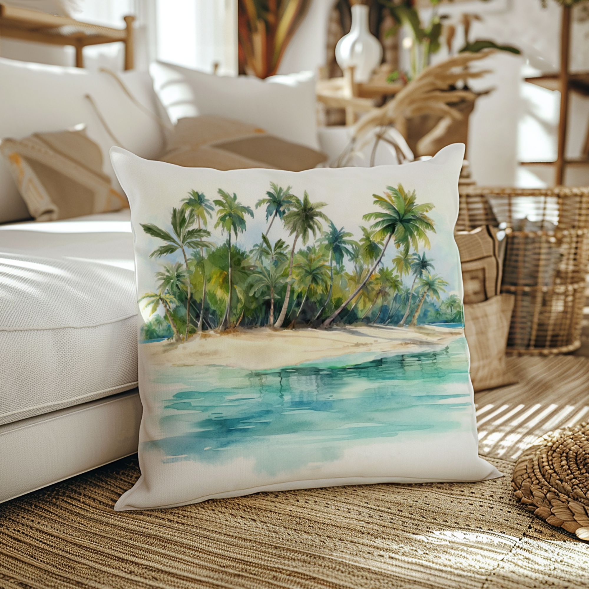 Paradise Island Tropical Beach Palm Trees Throw Pillow
