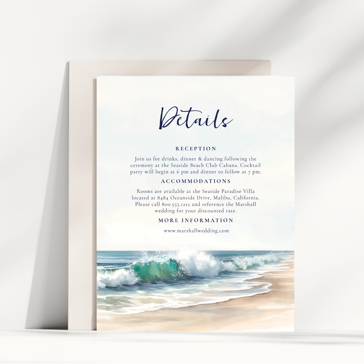 Share important information about your special day (such as reception, accommodations, wedding website) with this wedding Details enclosure card featuring watercolor ocean waves gently flowing onto a sandy beach. The reverse side has a palm tree coup