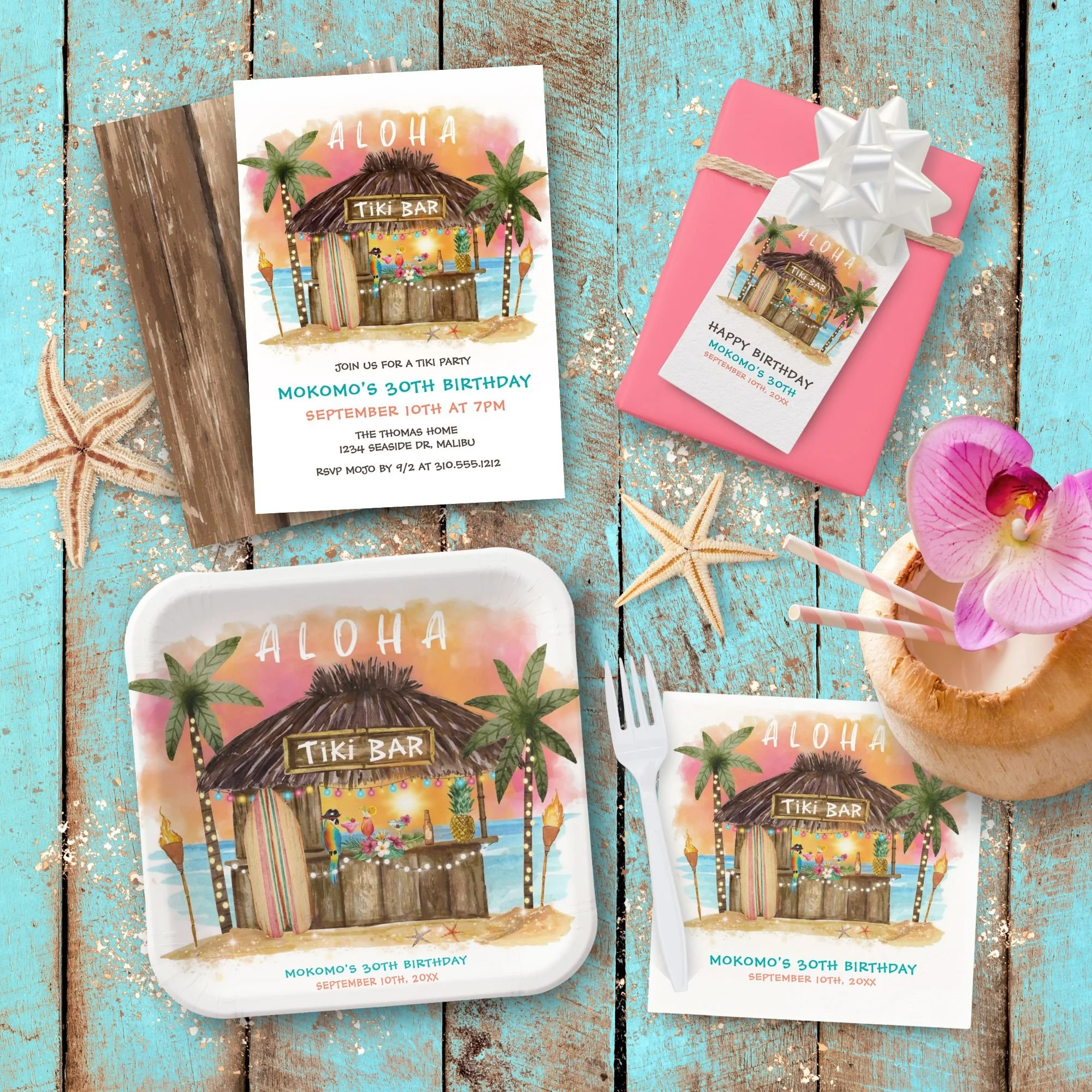 Tiki bar tropical beach birthday collection featuring illustrated cocktails, beach tiki bar artwork, palm trees, and ocean background.