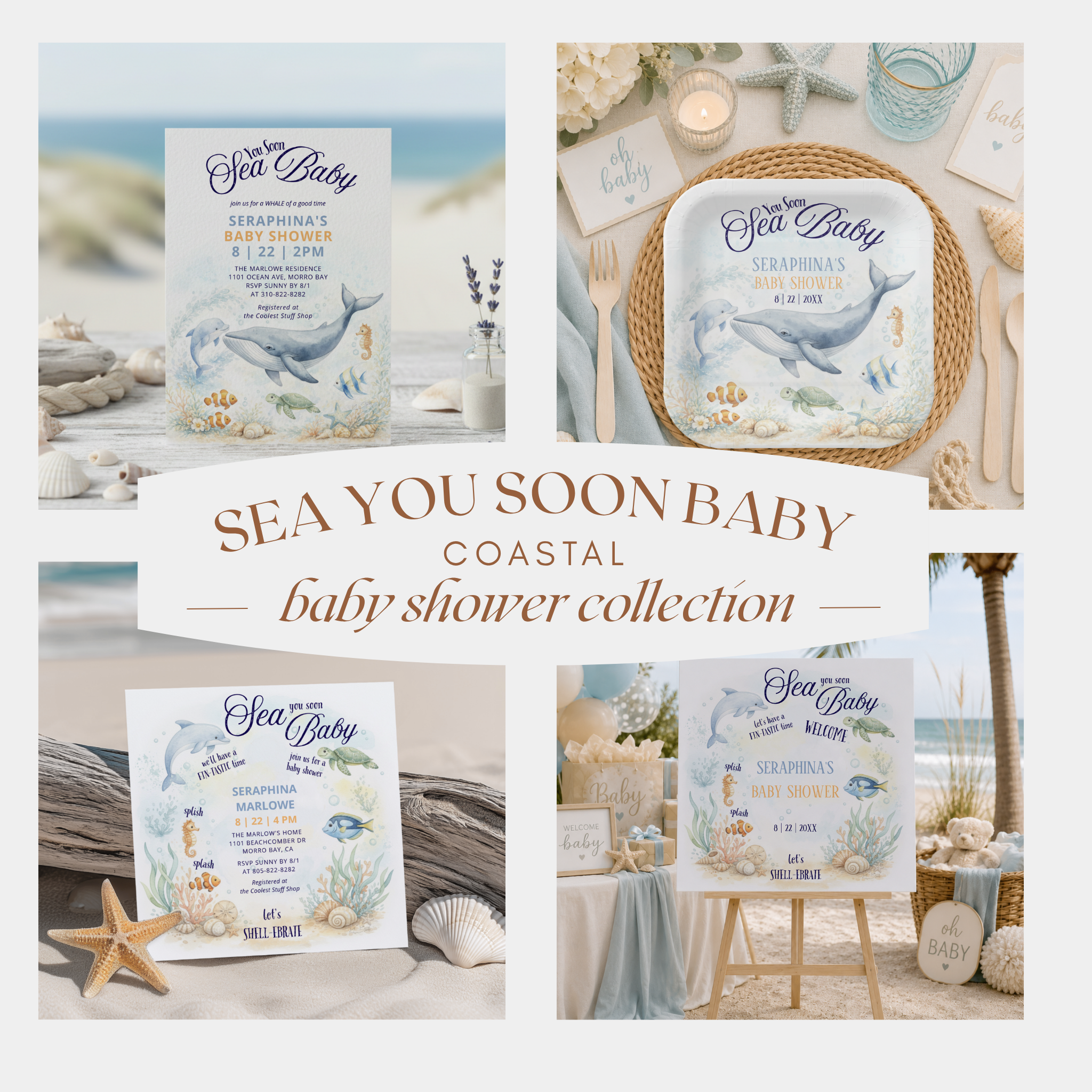 Watercolor Sea You Soon Baby Shower collection featuring dolphin, turtle, seahorse, and tropical fish in a coastal Under the Sea theme.