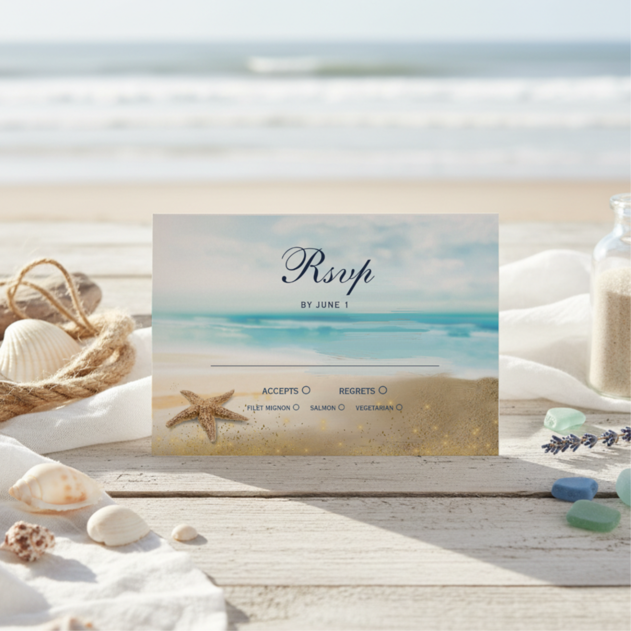 Beach theme wedding rsvp card featuring watercolor turquoise ocean waves, sandy shoreline and a starfish sea shell. Perfect for beach, tropical, coastal and nautical themed ceremonies.