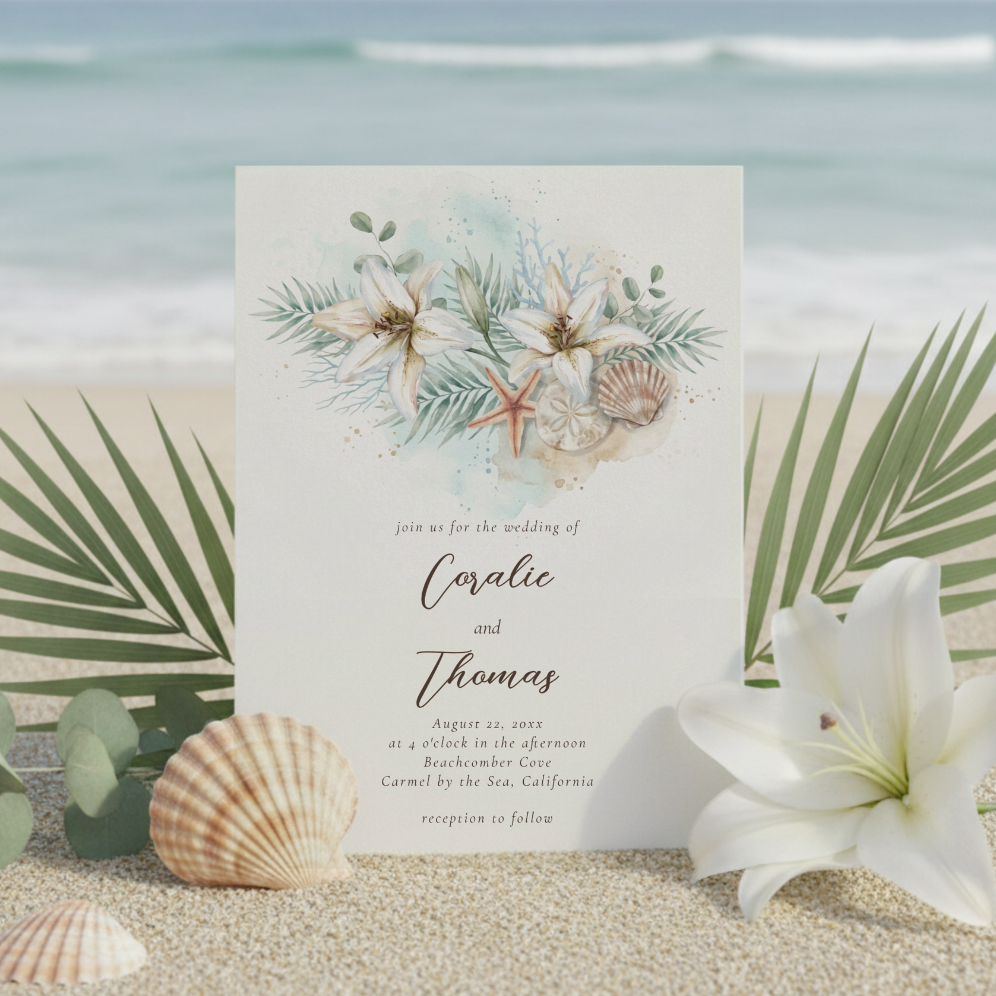 Tropical Boho Beach Wedding Invitation featuring romantic watercolor artwork with white Oriental lilies, seashells, coral accents, palm fronds, and eucalyptus leaves. Designed for destination weddings, coastal celebrations, and tropical beach ceremon