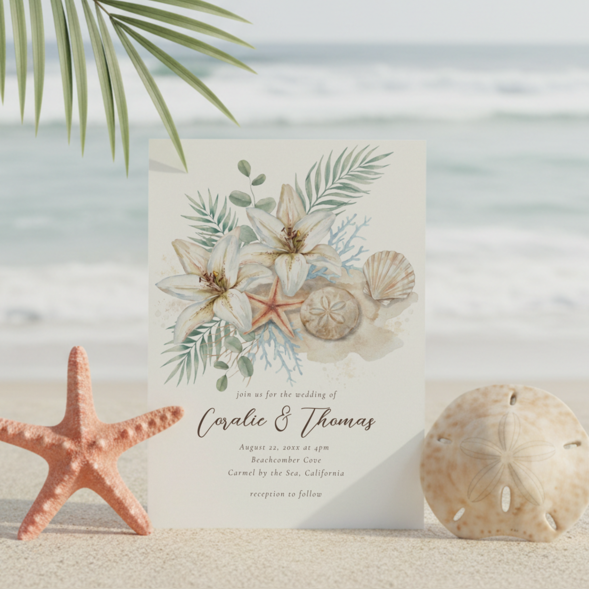 Tropical Boho Beach Wedding Invitation showcasing watercolor coastal florals and tropical greenery, including white Oriental lilies, seashells, coral accents, palm fronds, and eucalyptus leaves. A beautiful choice for destination weddings, seaside ce