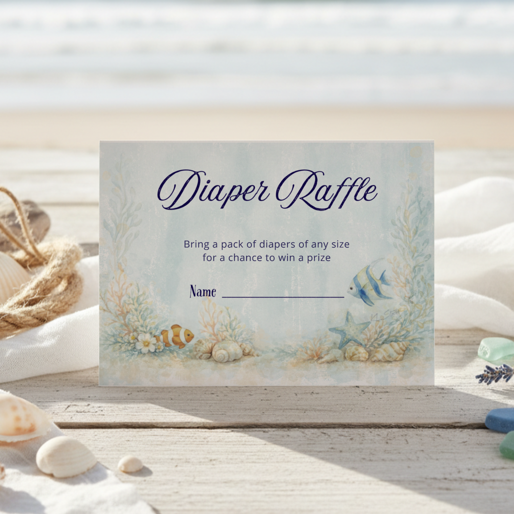 Coastal baby shower Diaper Raffle enclosure card featuring a watercolor coral reef and tropical fish. Part of the Sea You Soon Baby shower collection and perfect for beach, nautical and under-the-sea themes.