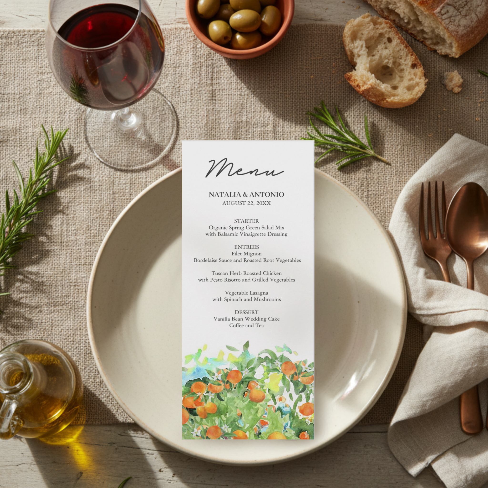 Elevate your reception table with this Italian-inspired wedding menu, featuring a hand-painted abstract orange grove and foliage in warm citrus hues. The watercolor artwork brings a fresh Mediterranean glow to each place setting. Perfect for Amalfi C
