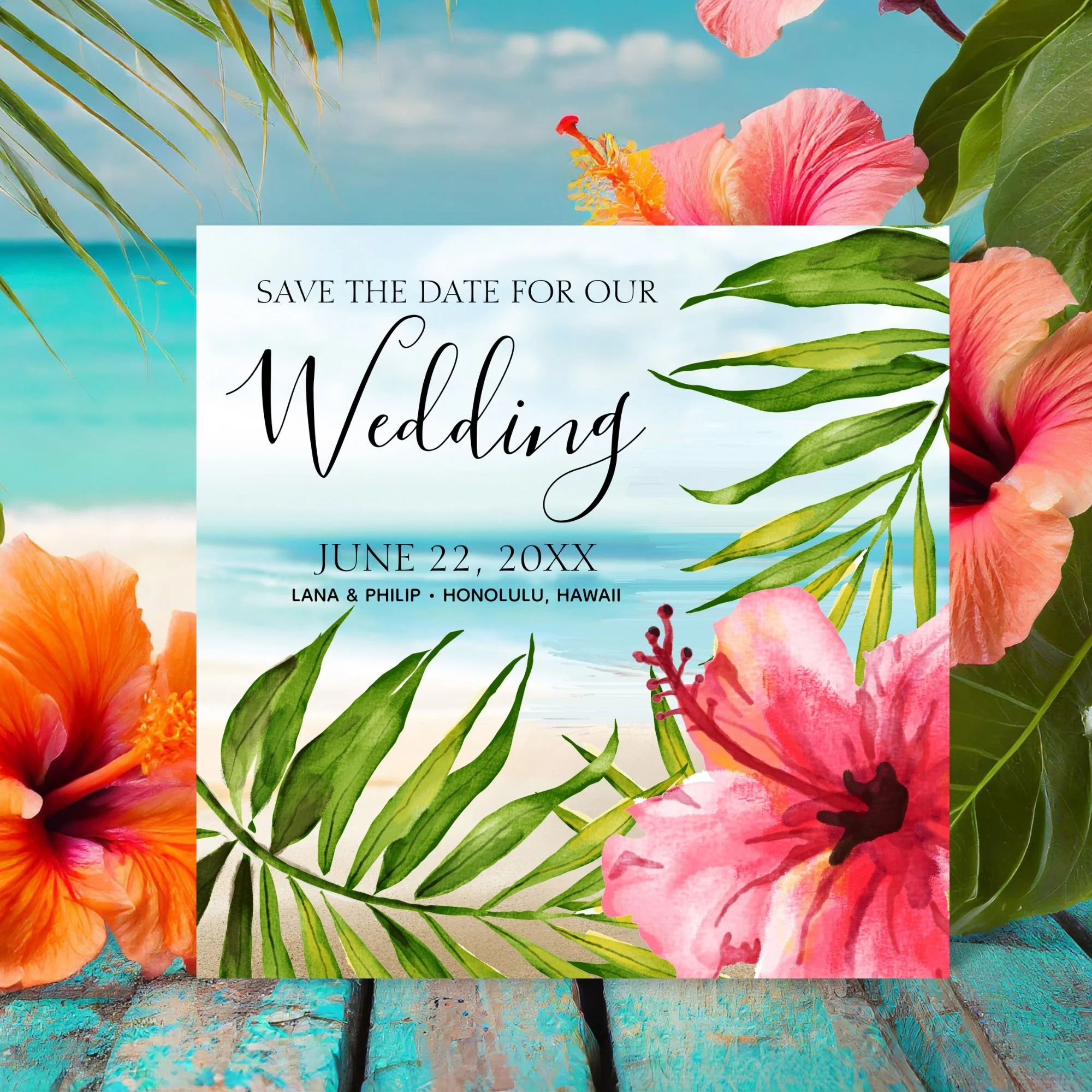 Island themed wedding Save the Date square card featuring a watercolor tropical beach scene with palm leaves and a hibiscus flower