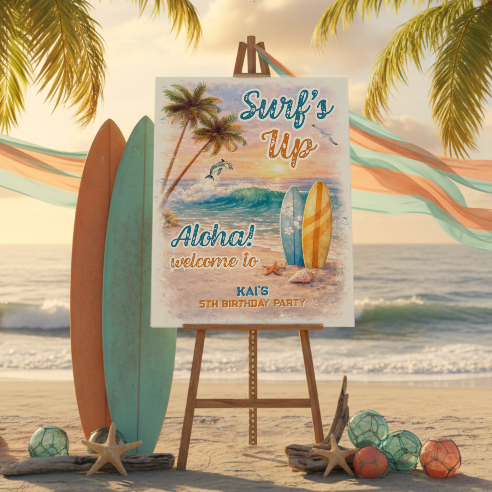 Greet your guests with this sunny “Surf’s Up” retro beach birthday welcome sign! Featuring surfboards, ocean waves and palm trees, this sign brings tropical charm and Aloha vibes