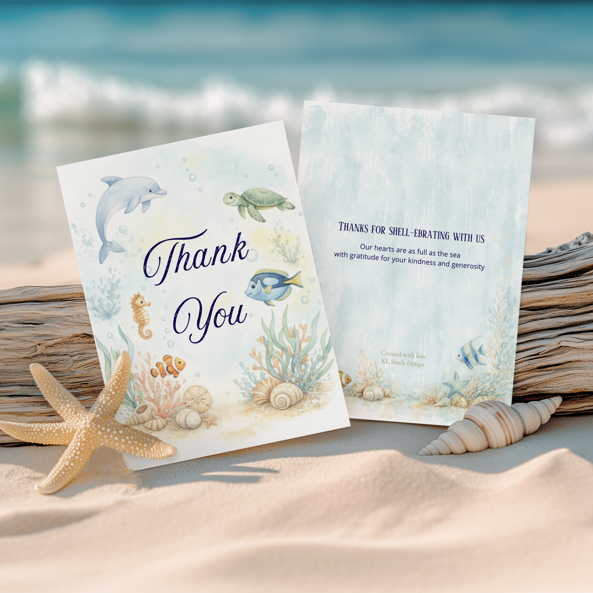 Sea You Soon Baby shower thank you card featuring watercolor ocean animals swimming in a tropical coral reef. Ideal for beach, coastal, nautical and under-the-sea theme baby showers.
