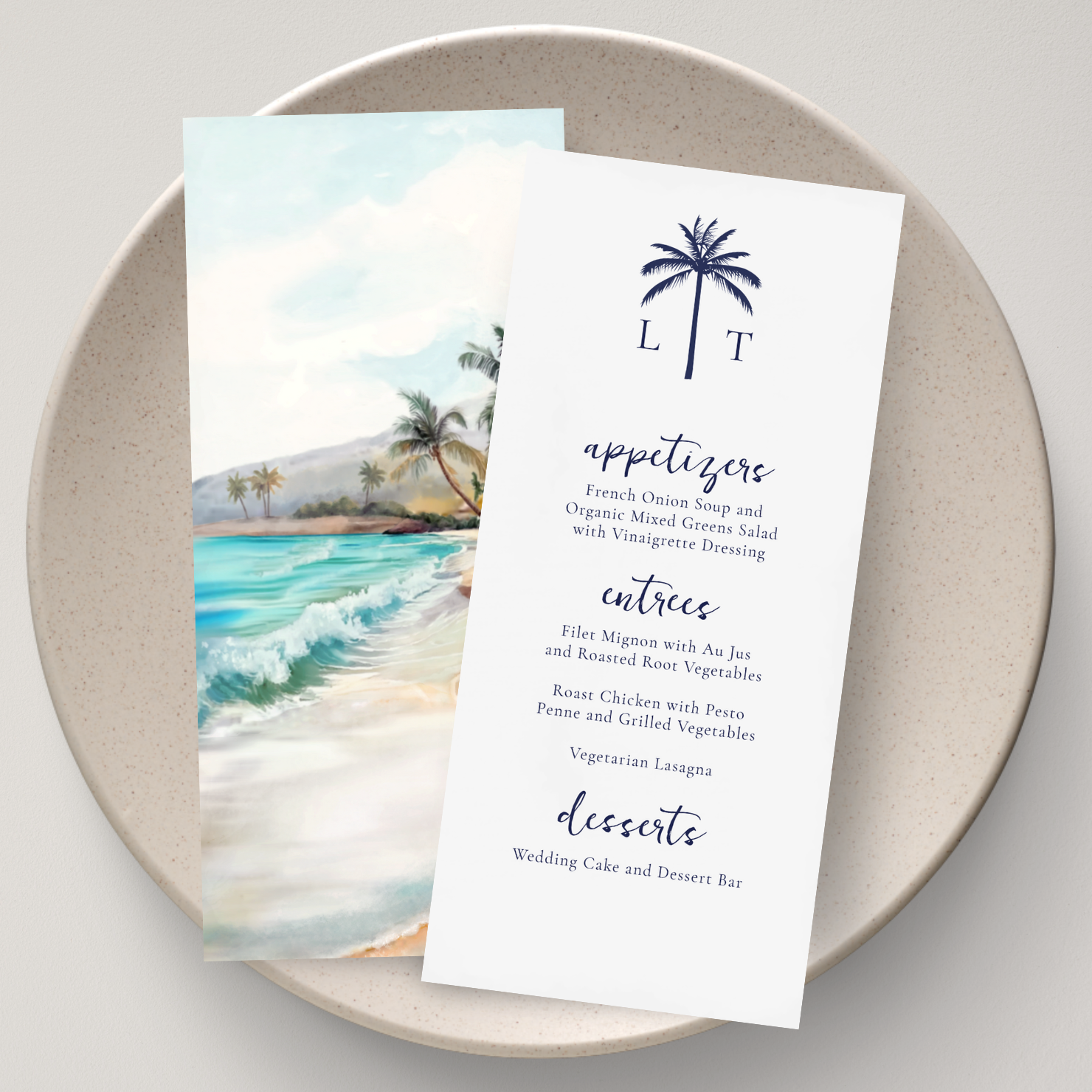 Beach theme wedding menu features an elegant palm tree couple's monogram along with food and drink options on the front in dark nautical navy text on a crisp white background. The reverse side features a watercolor tropical beach, palms and ocean wav
