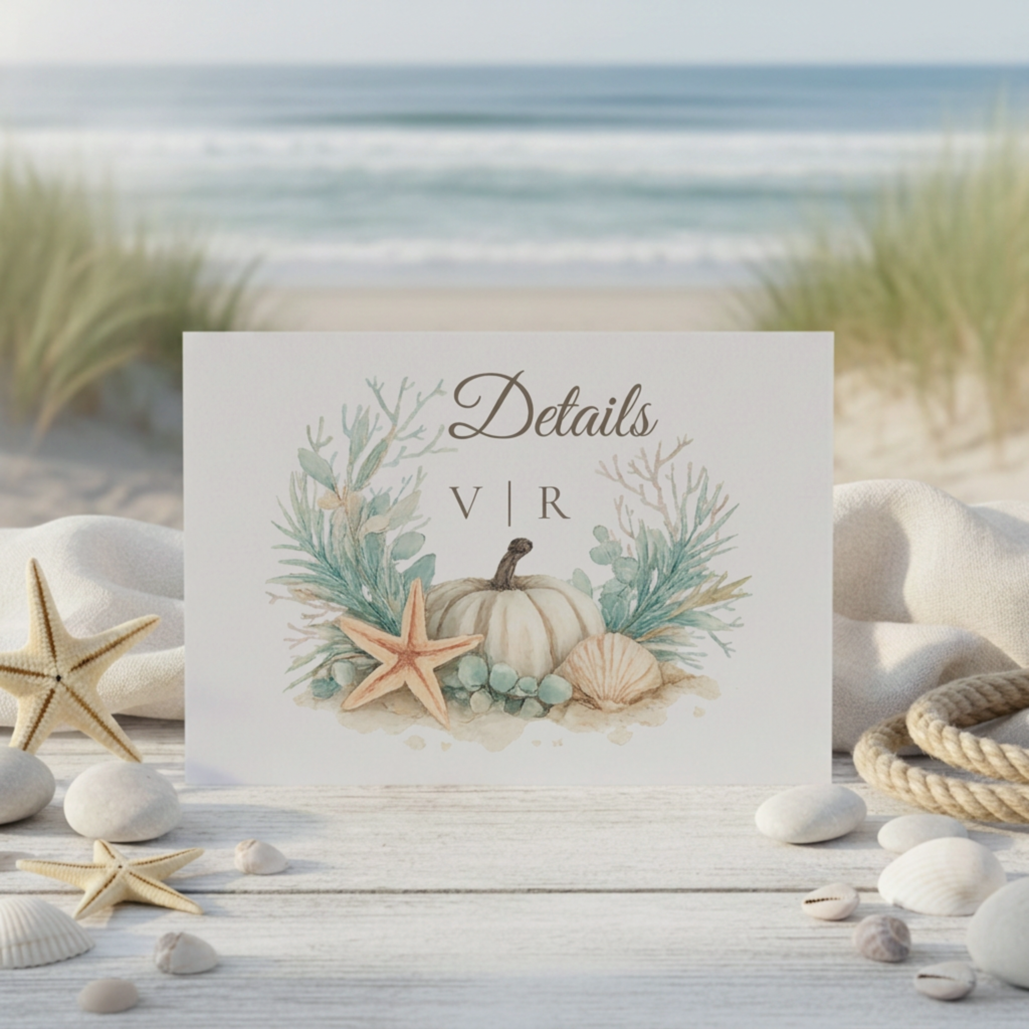 Coastal fall wedding Details enclosure card featuring watercolor white pumpkin, seashells, starfish, eucalyptus and palm greenery. Perfect for autumn beach weddings