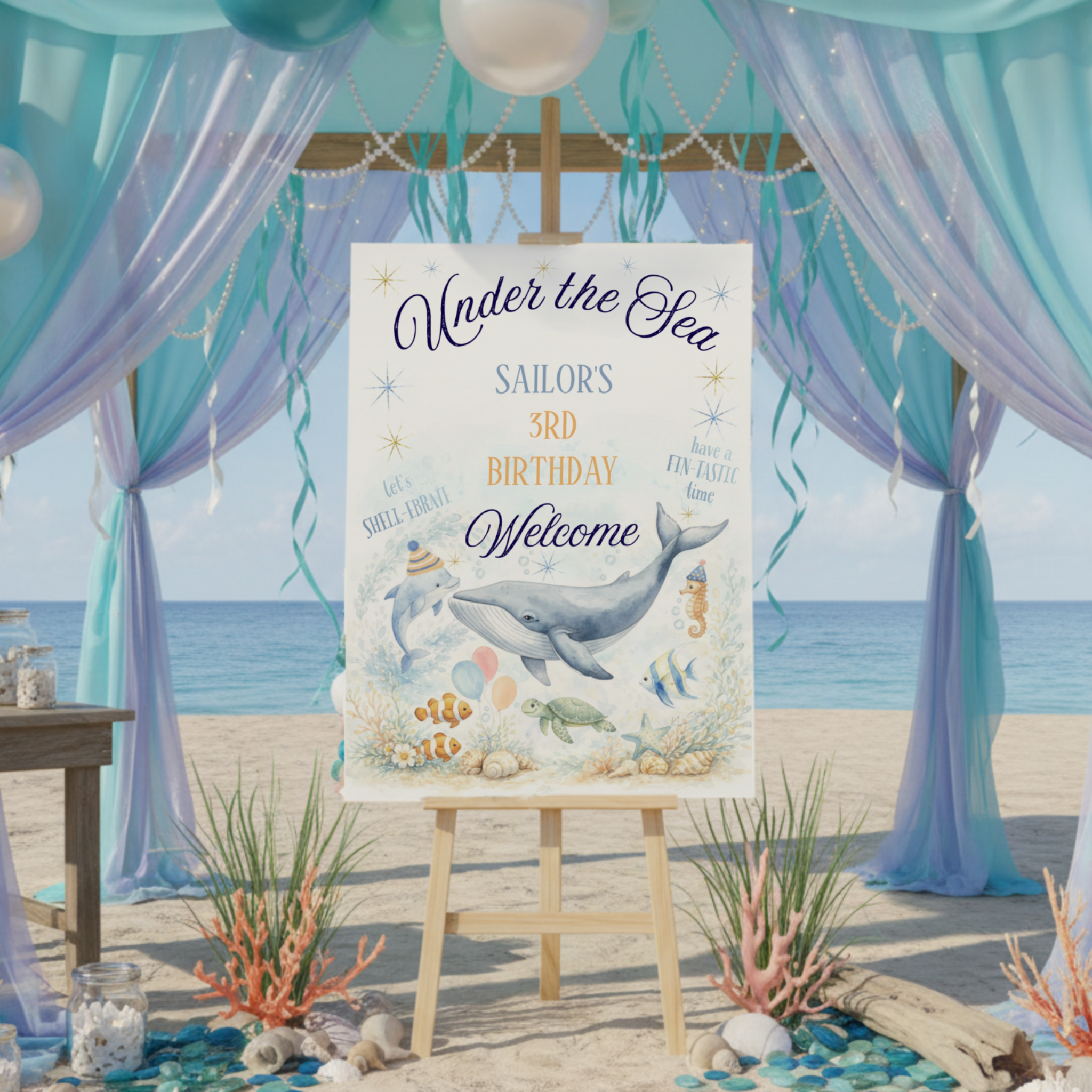 Charming Under the Sea birthday welcome sign featuring a graceful watercolor whale with dolphin, sea turtle, seahorse, and tropical fish in soft ocean blues and bubbles. Playful “let’s shell-ebrate” and “FINtastic time” accents add a whimsical touch,