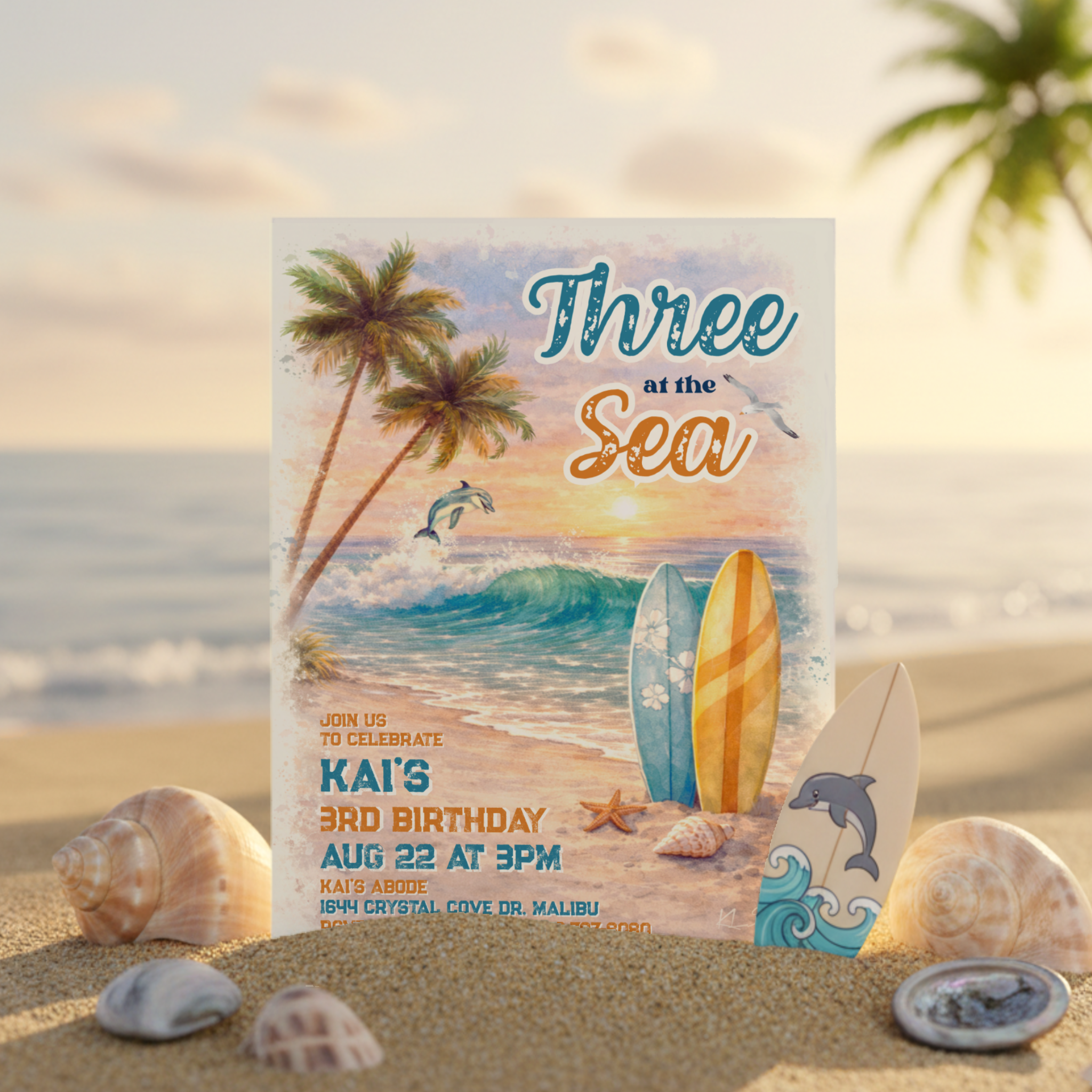"Three at the Sea" birthday invitation featuring a watercolor tropical beach scene, ocean waves and coastal surf vibes.