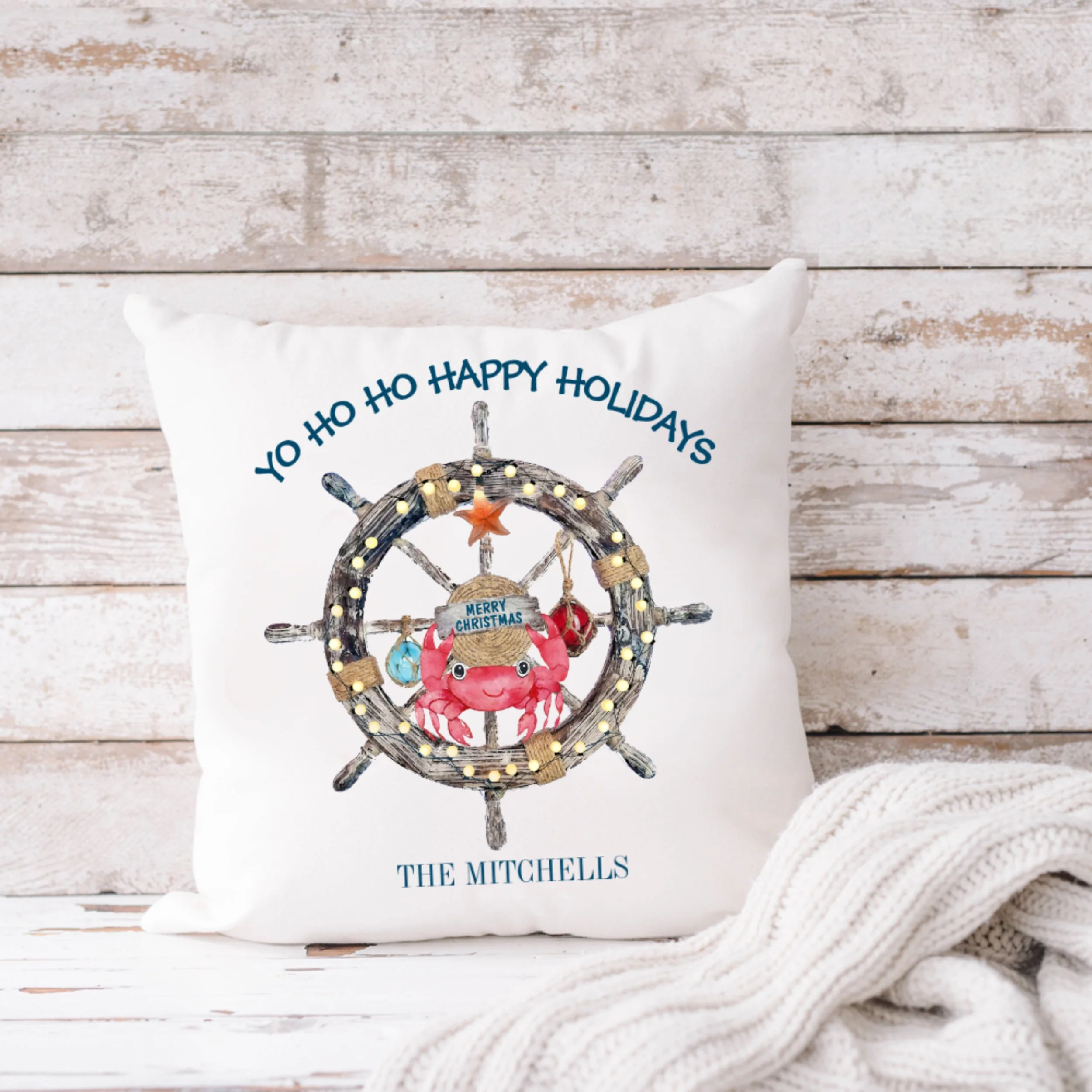 Nautical Ship's Wheel & Crab Christmas Pillow