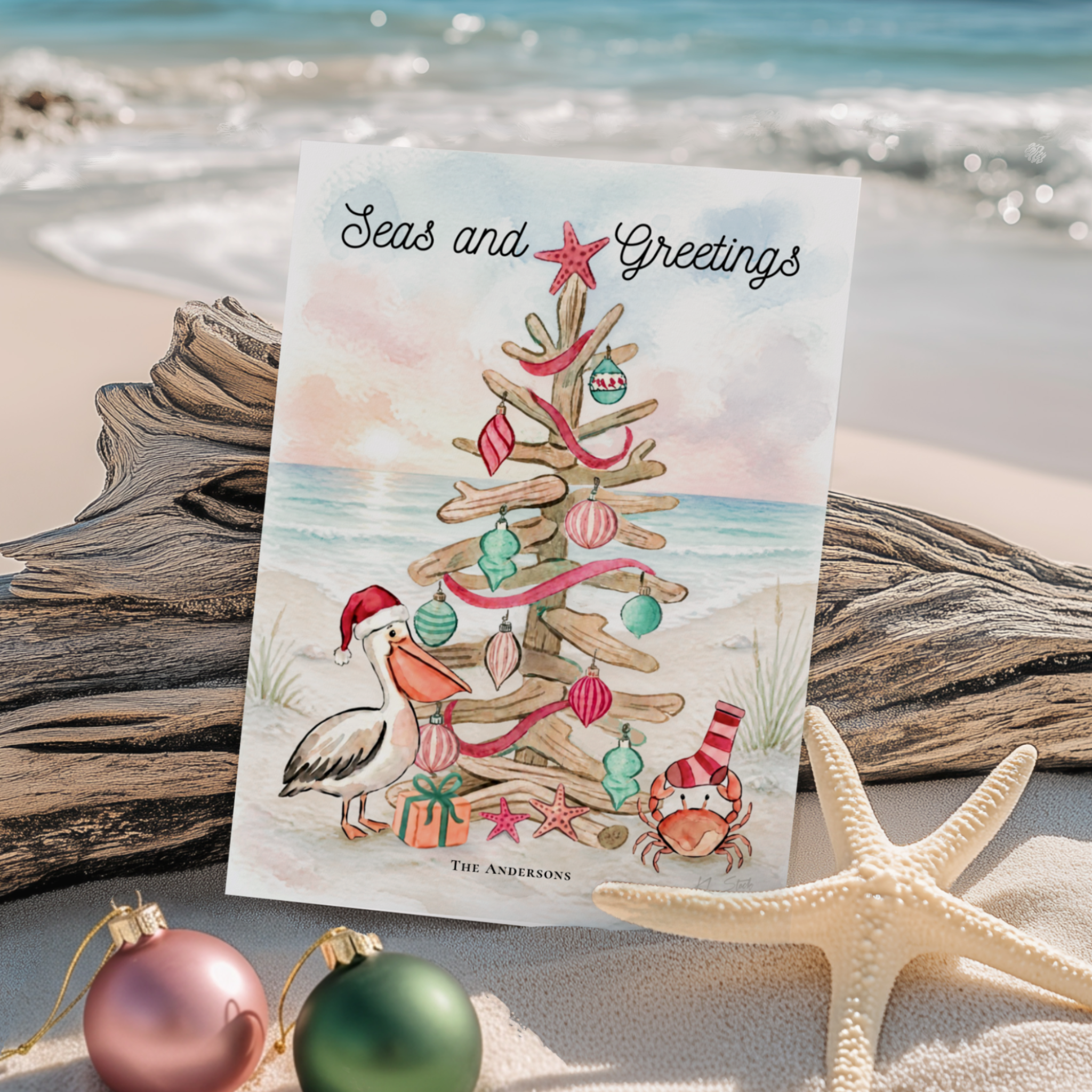 Seas & Greetings driftwood tree beach Christmas card