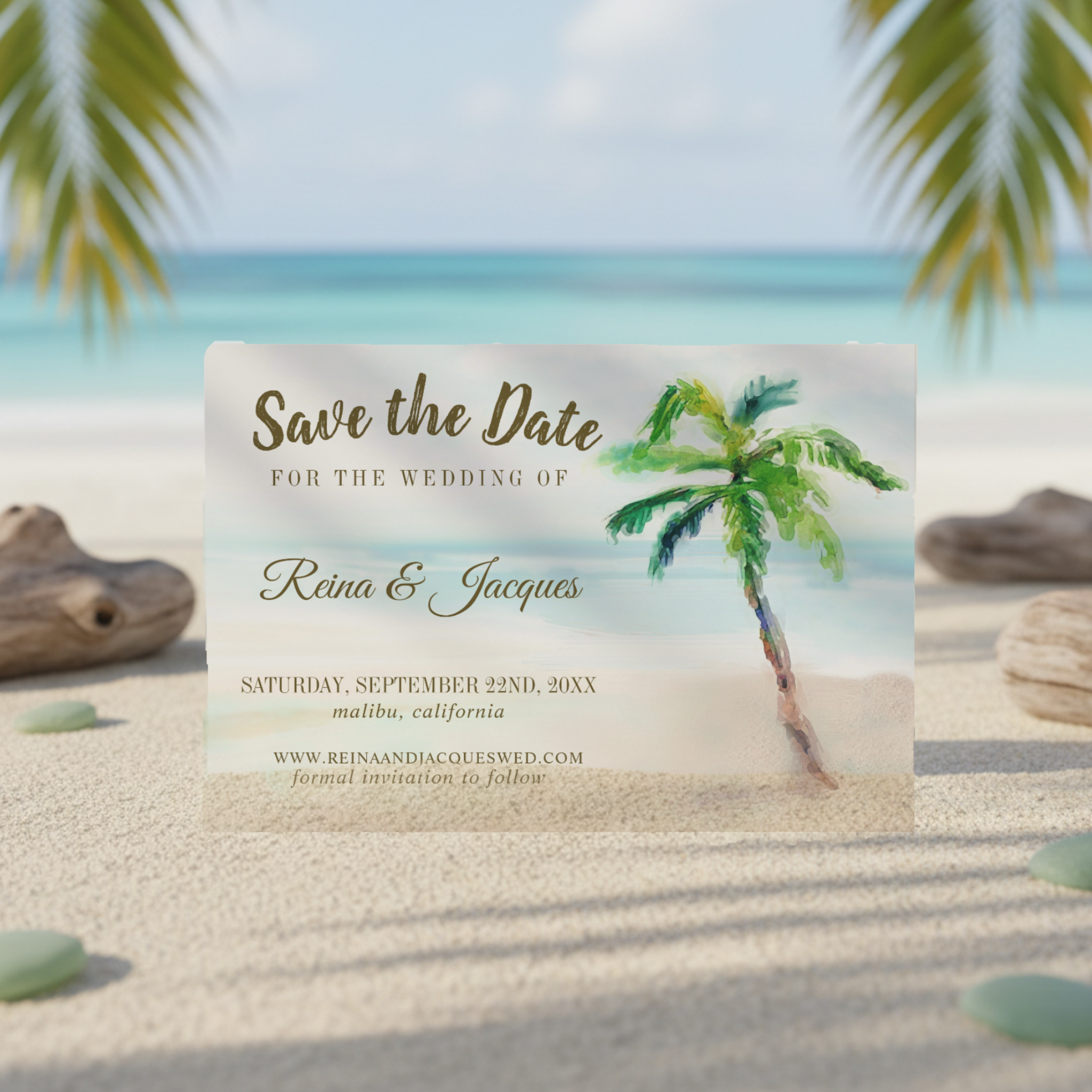 Announce your wedding in breezy island style with this Tropical Beach Palm Tree Save the Date card featuring a watercolor palm tree, sandy shore and gentle ocean waves.