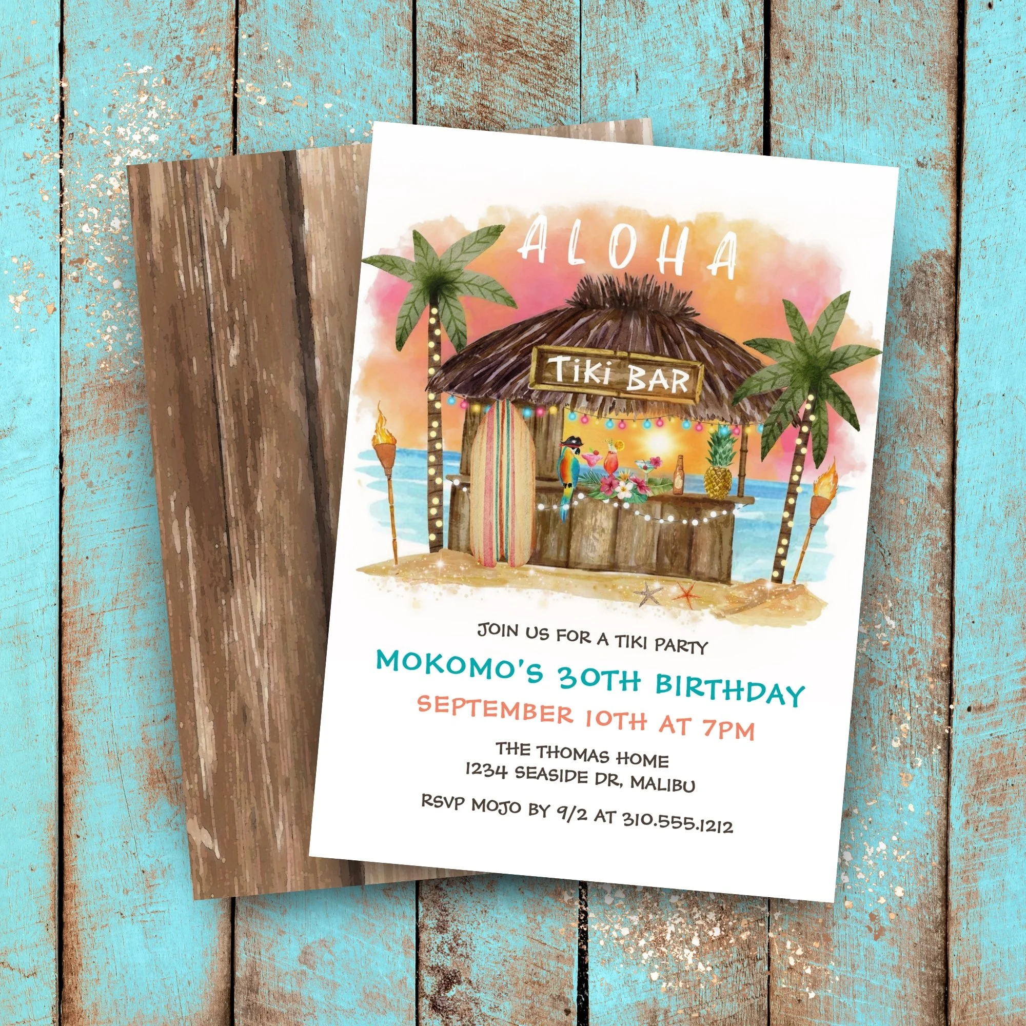 Tiki party birthday invitation featuring a tiki hut on a tropical beach with palm trees and ocean waves