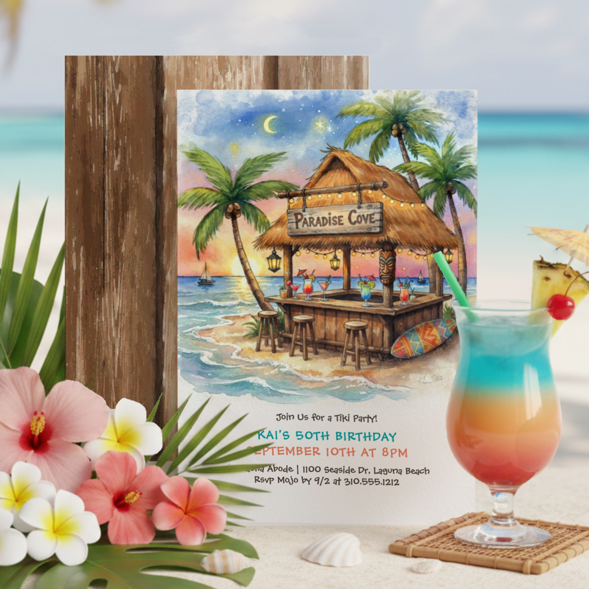 Tiki Bar Tropical Beach Birthday Invitation