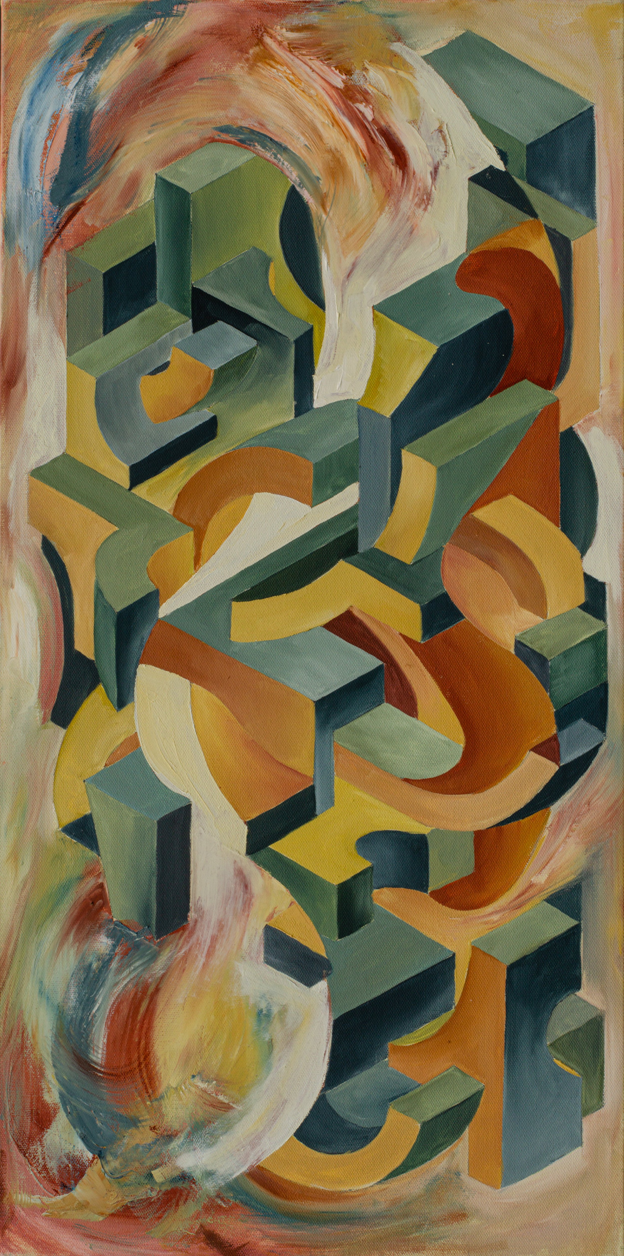 An abstract painting featuring geometric shapes, mainly cubes and blocks, in shades of green, yellow, orange, and blue, with swirling colorful brushstrokes in the background.