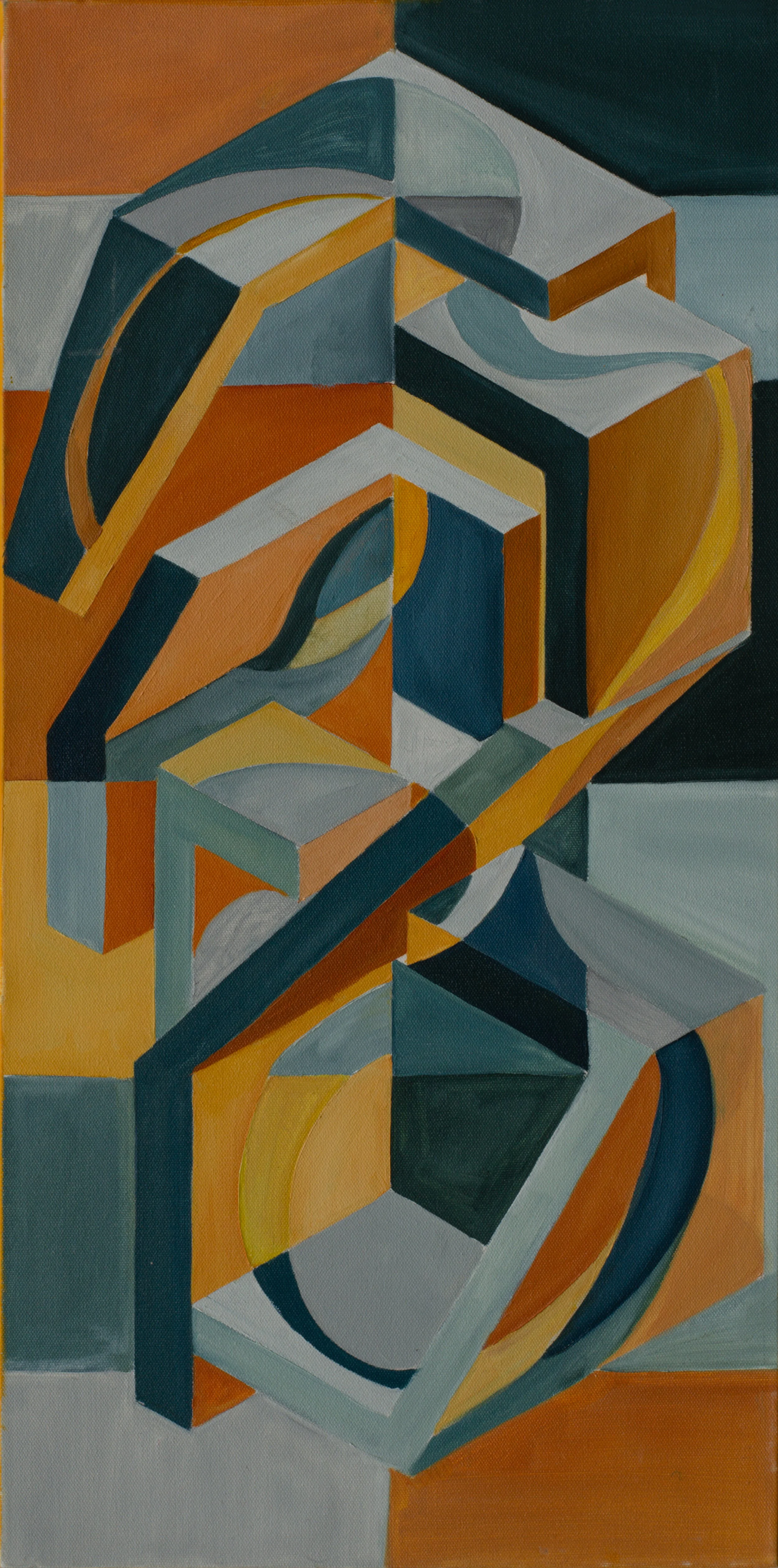 An abstract geometric painting featuring various interconnected shapes and lines in shades of orange, yellow, gray, black, white, and teal.