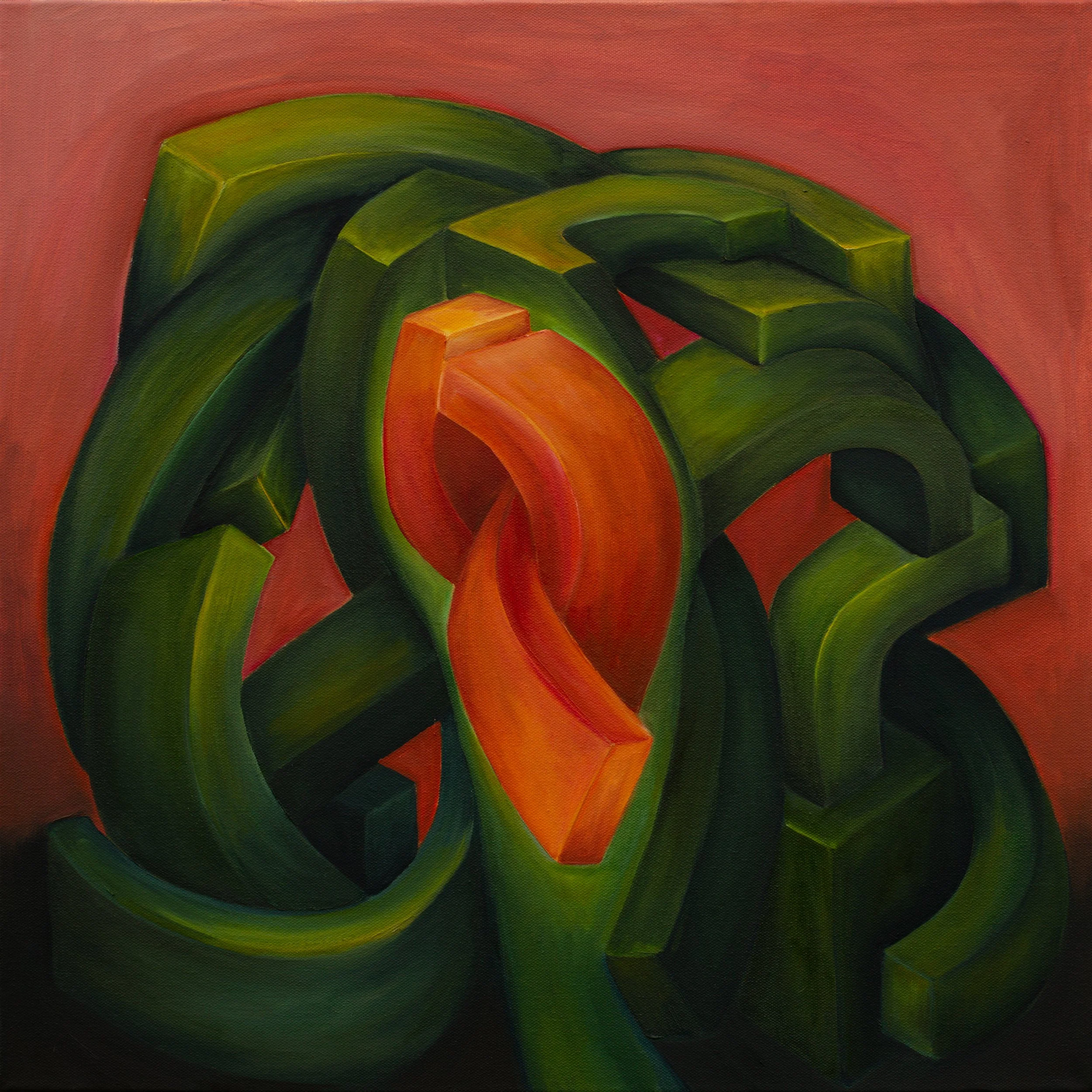 Abstract painting with swirling shapes in green, orange, and black hues on a red background.