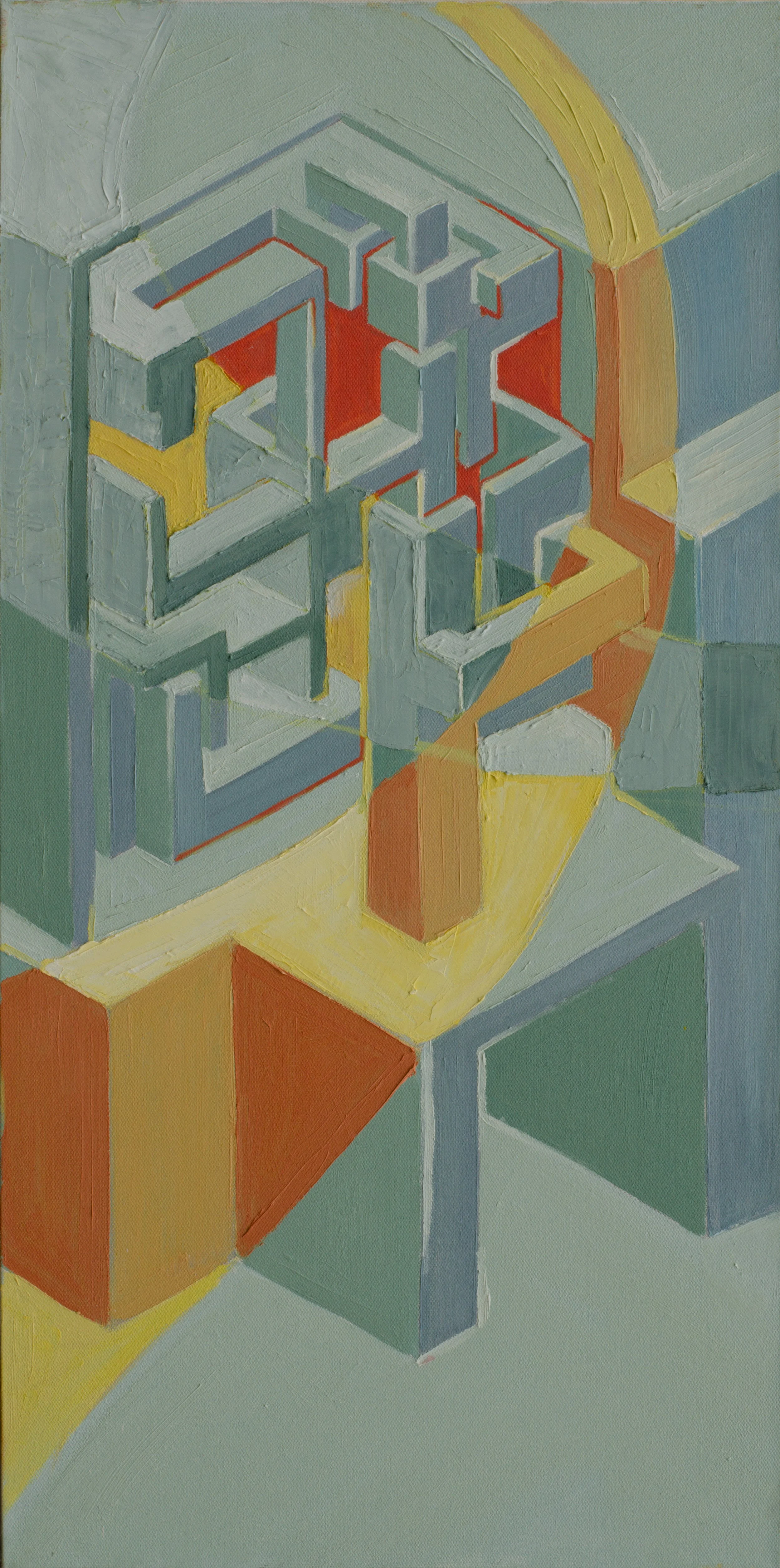 Abstract geometric painting with interconnected blocks, using shades of green, blue, red, yellow, and orange.