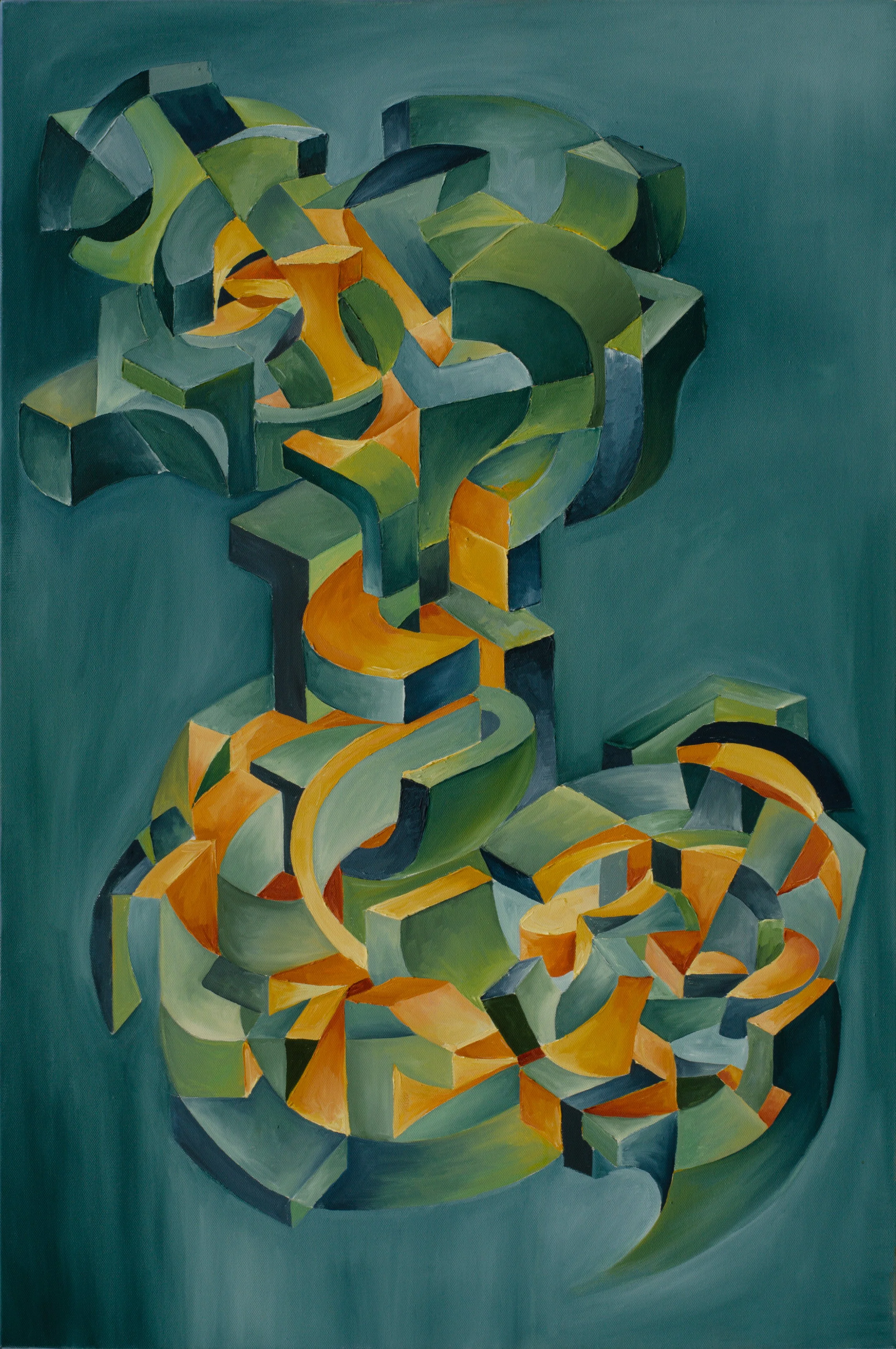 Abstract geometric painting with green, yellow, orange, and black shapes arranged in a swirling pattern.