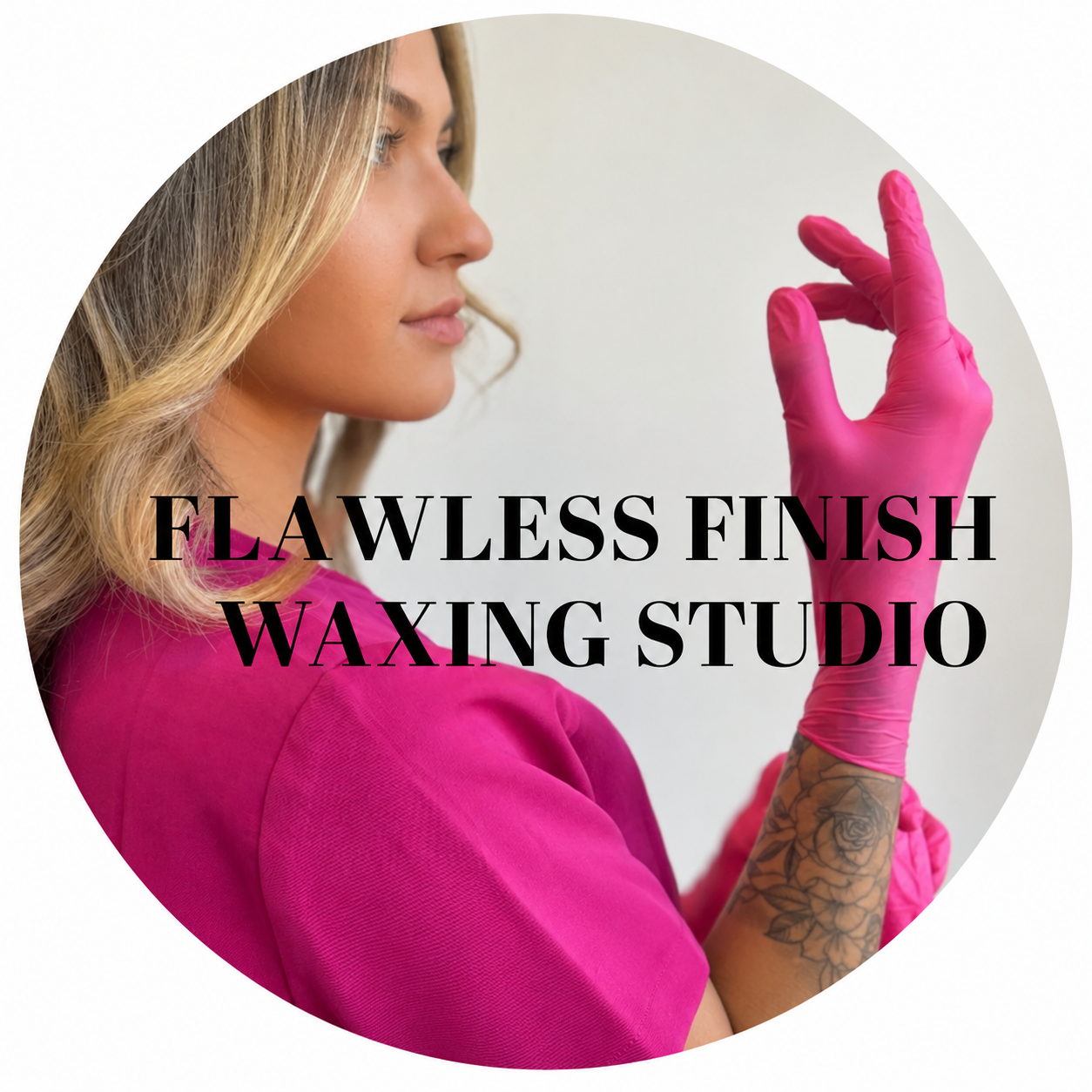 Woman in pink attire wearing pink gloves with text 'Flawless Finish Waxing Studio' on a pink background.