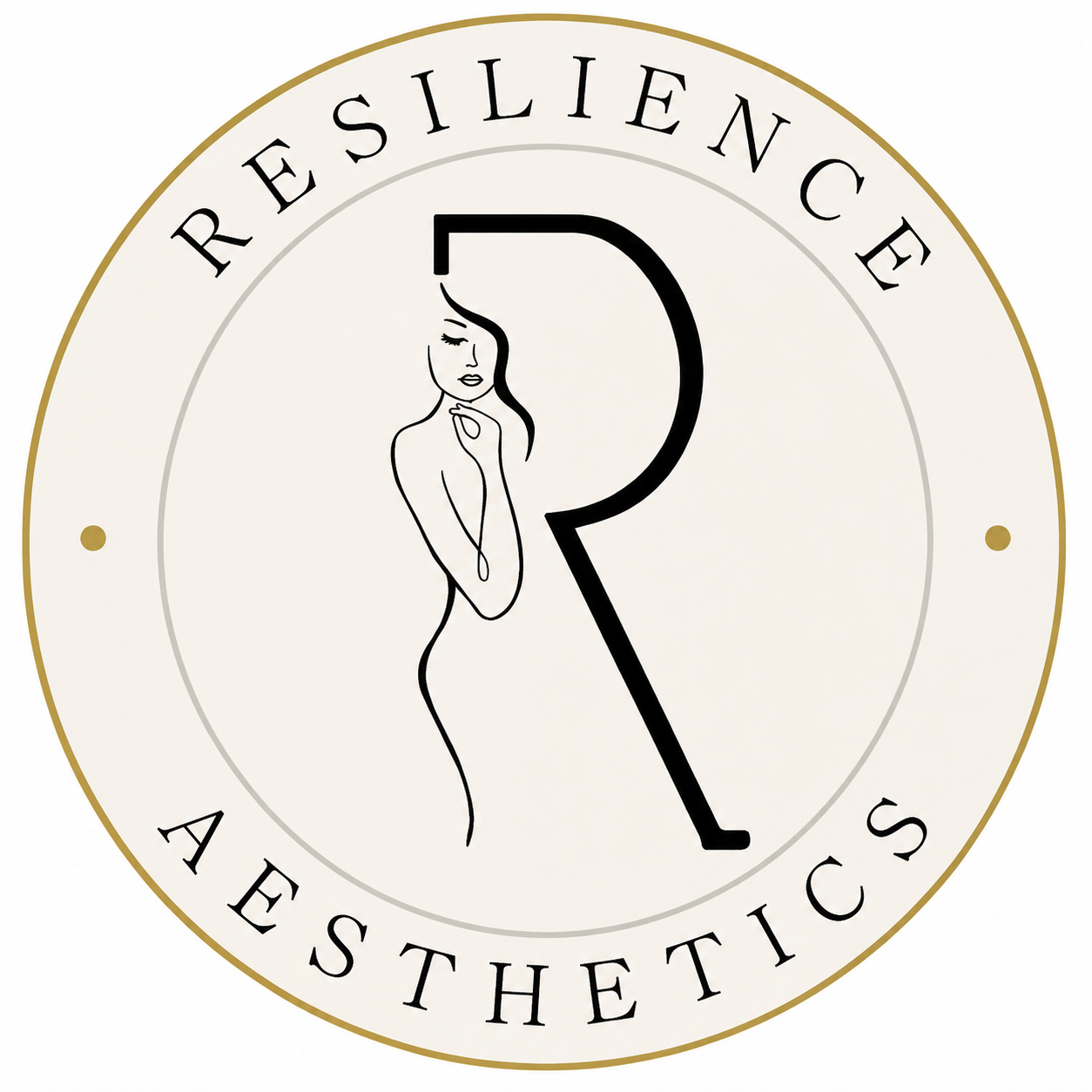 Logo of Resilience Aesthetics featuring stylized 'R' and outline of a woman's figure.
