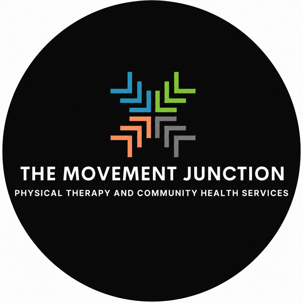 Logo of The Movement Junction featuring colorful arrows forming a cross shape above the text "The Movement Junction: Physical Therapy and Community Health Services" on a black background.