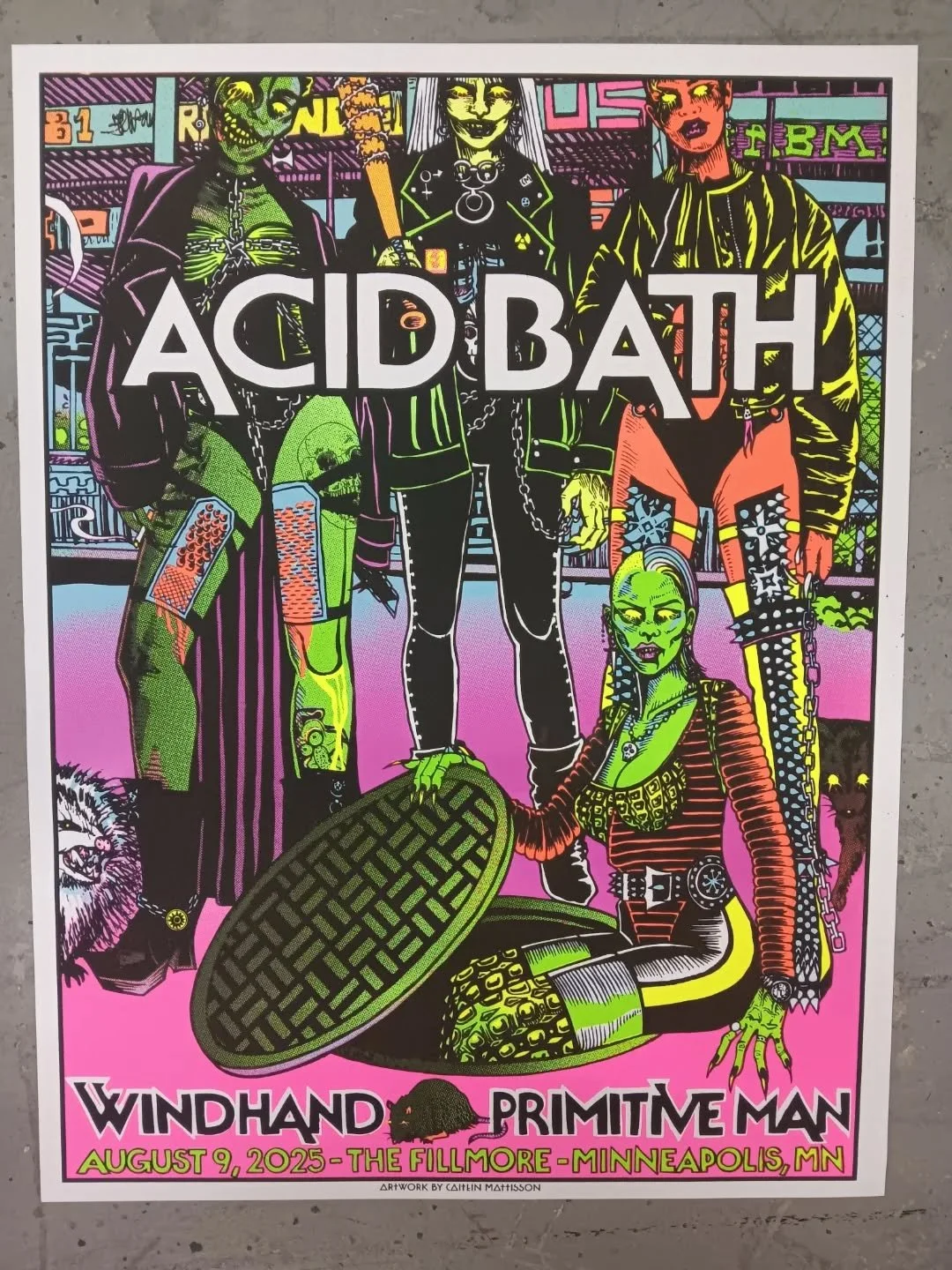 The 8/9/25 @acidbath.official @windhand @primitivemandoom gig poster from Minneapolis. Series curated by @richiegoodtimes art by @caitlinmattisson
Printed by @mett.haggerty , who's  son, Kurt, was enamored with this poster and didn't want to see them