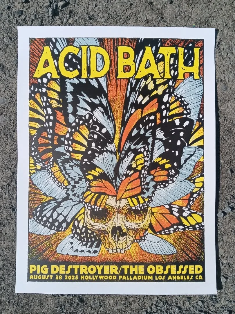 Tonight's @acidbath.official gig poster with @pigdestroyerofficial and @theobsessedofficial at the @hollywoodpalladium . Another installment in the @richiegoodtimes curated series.
Illustrated by @bmercerrock 
Printed @mkultraink by @mett.haggerty