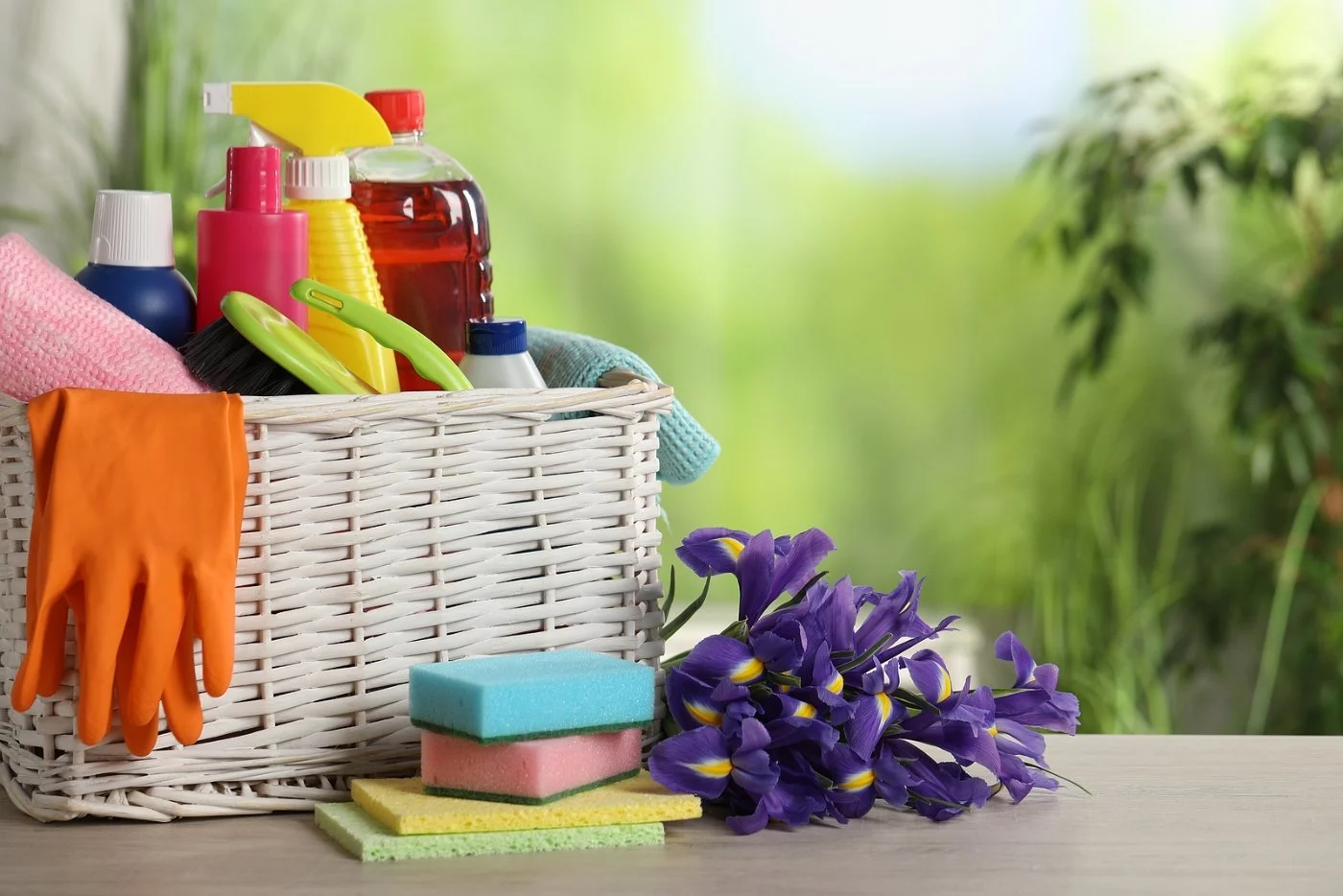 A wicker basket of spray bottles, sponges, and an orange rubber glove beside a bunch of purple irises, the household tasks that pile up for overwhelmed women