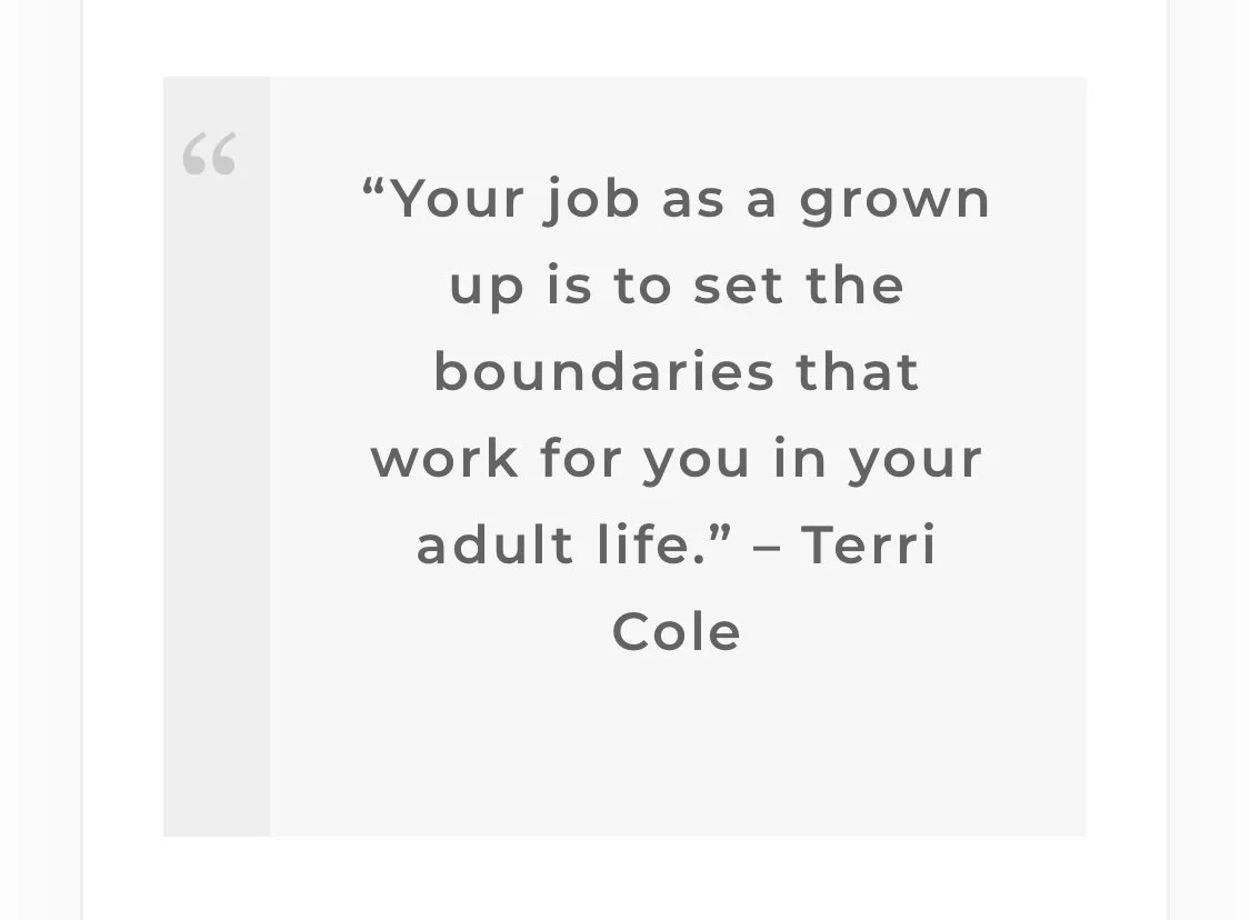 Terri Cole quote graphic: "Your job as a grown up is to set the boundaries that work for you in your adult life."