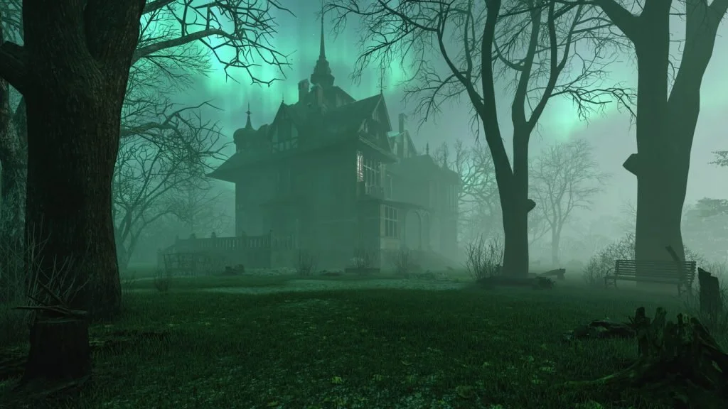 A haunted house on a hill surrounded by bare trees and green fog, the kind of scene highly sensitive people may choose to enjoy from a distance.