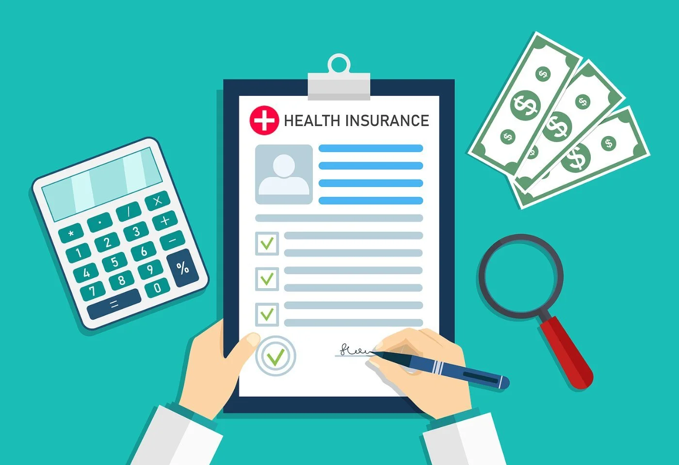 An illustration of a clipboard with a health insurance form, beside a calculator, cash, and a magnifying glass, representing how to check your insurance benefits