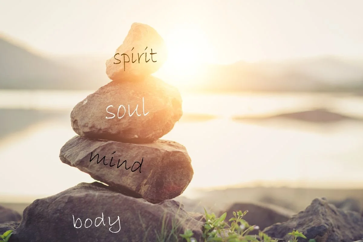 Balanced stones labeled spirit, soul, mind, and body stacked by the water at sunrise, representing a balanced and fulfilling life.Terri Cole quote graphic: "Your job as a grown up is to set the boundaries that work for you in your adult life."