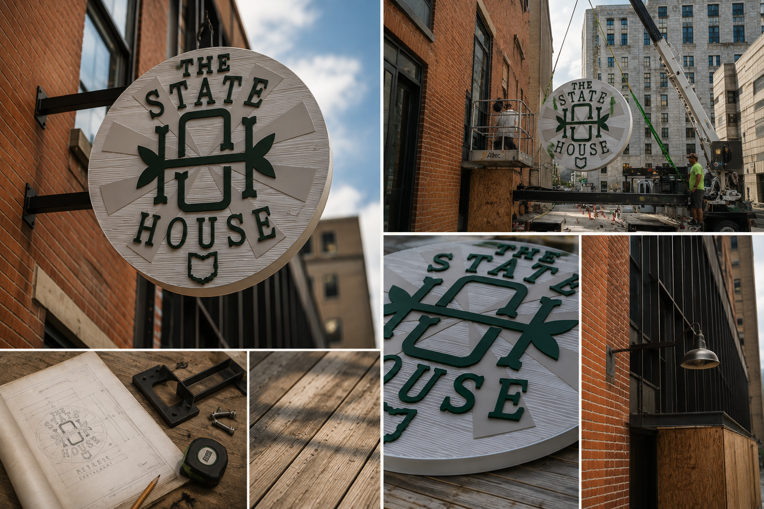Sequence of photos showing the installation of a round sign for 'The State House' on a brick building. The sign features green lettering and a shield emblem, with workers using a crane to hang it. Additional images show construction details, tools, and the building's exterior.