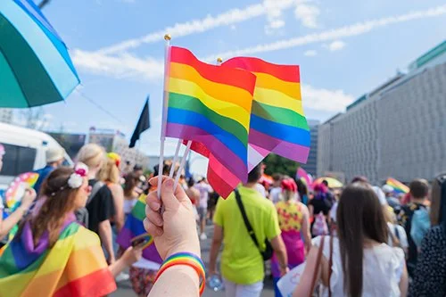 Person holding two rainbow pride flags at a crowded LGBTQ+ pride parade.