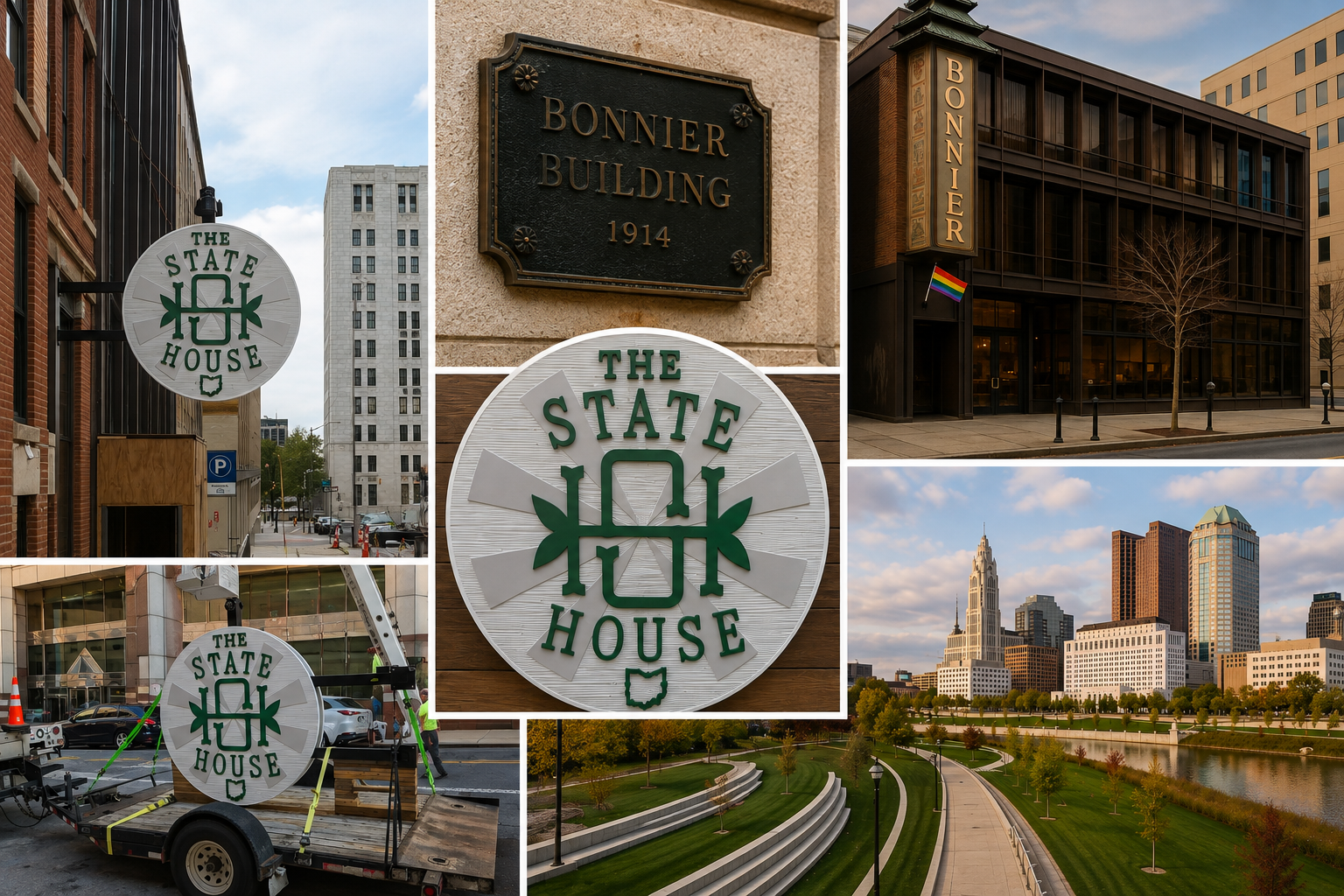 Collage of images showcasing buildings in Columbus, Ohio, including the Ohio Statehouse and surrounding cityscape, with a logo reading 'The State House' and a city park with a river and skyline.