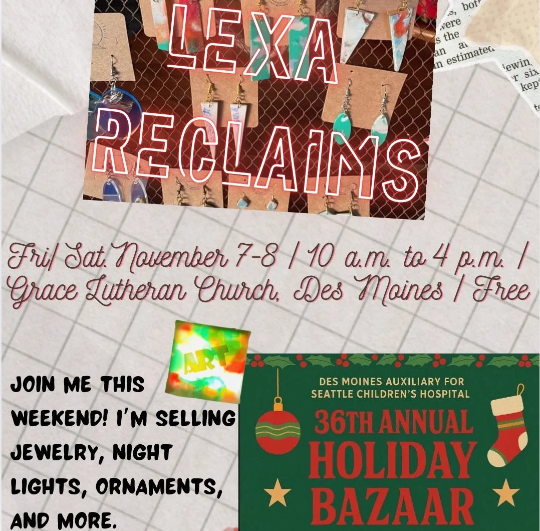 Come see me at the Children&rsquo;s Hospital Holiday Bazaar at Grace Lutheran Church in Des Moines!
I&rsquo;ll be here today until 4 PM and tomorrow from 10 to 4 with my handcrafted, upcycled art and gifts.
Jewelry, night lights, magnets, picture fra