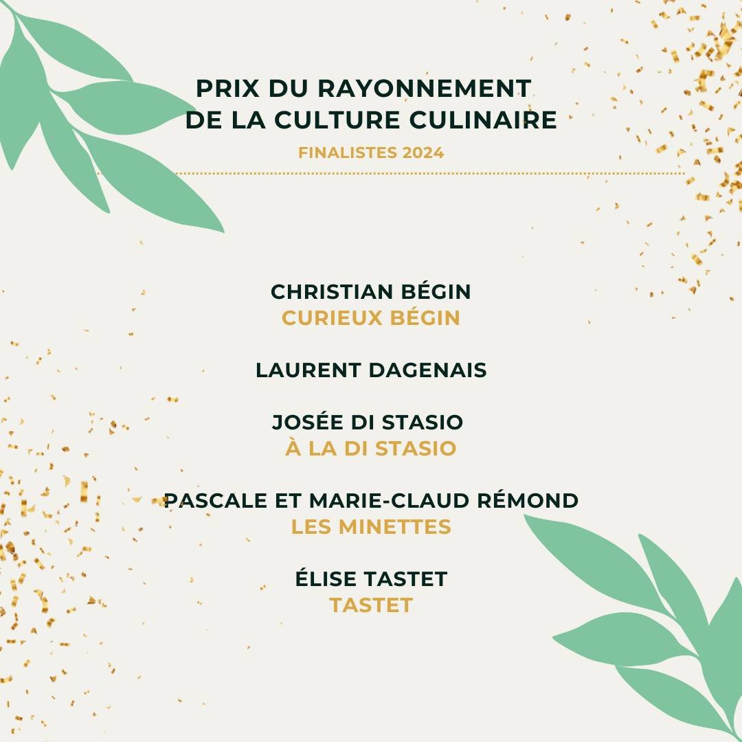 Plus qu'une semaine pour voter ! Voici nos finalistes dans la cat&eacute;gorie Prix du rayonnement de la culture culinaire :
- @les.minettes 
- @christiancricribegin 
- @laurent.dagenais 
- @joseedistasio 
- @tastet.ca 
Visitez le www.lauriers.ca pou