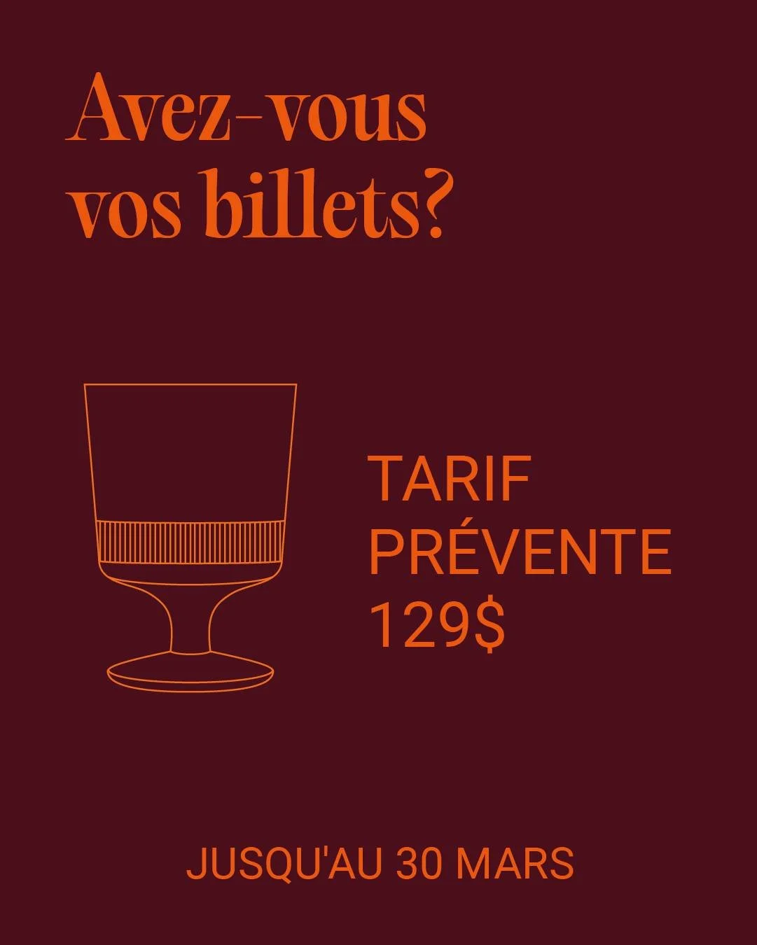 Attention! Dernier jour pour profiter du tarif pr&eacute;-vente &agrave; 129$ (plus taxes) ⚠
D&egrave;s demain, les billets seront vendus au tarif r&eacute;gulier.
Visitez le www.lauriers.ca et r&eacute;servez vos places pour le Gala le 4 mai prochai