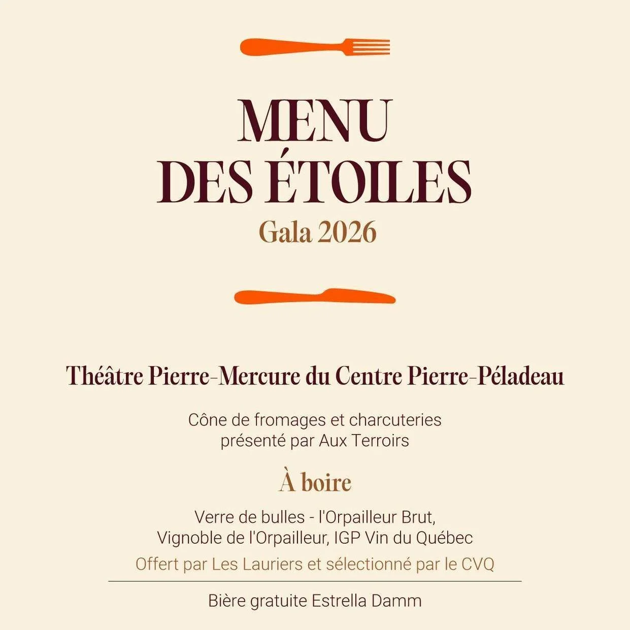 Parce que &ccedil;a s'en vient !!! 🌟🌟🌟🌟
Revoici le Menu des &Eacute;toiles qui sera servi lors du Gala de lundi prochain, 4 mai 2026.
Des bouch&eacute;es et boissons seront servies avant la remise de prix, mais la grande f&ecirc;te se poursuit ap