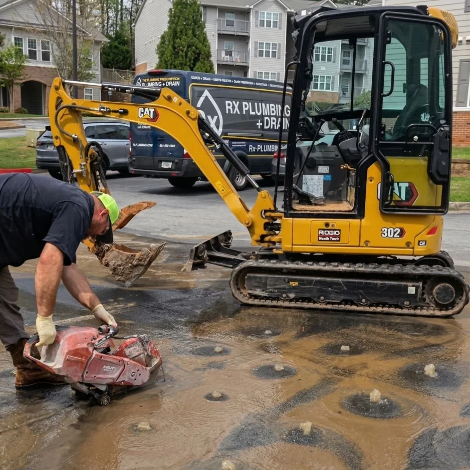 Rx-Plumbing and Drain plumber cutting into pavement to fix a leak on commercial property in Cumming, Georgia.