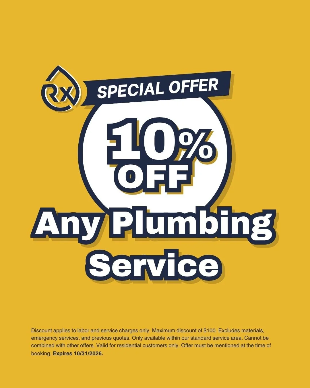 Discount coupon for 10% off any plumbing service from Rx-Plumbing and Drain.